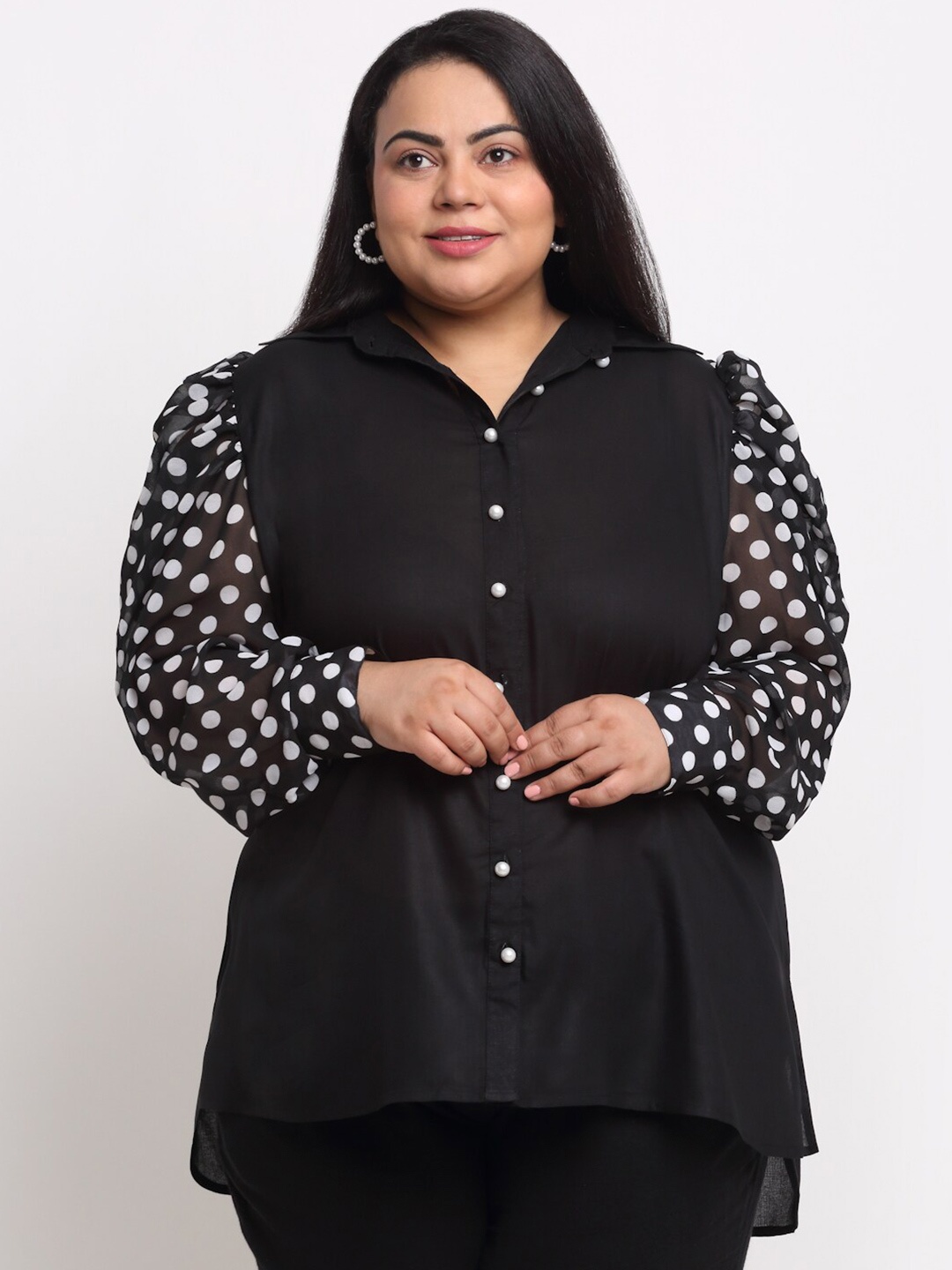 

sindrellastorie Polka Dots Printed Shirt Collar Cotton Top, Black