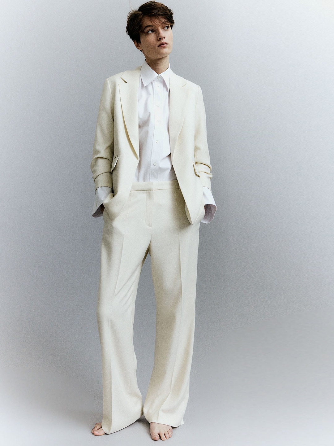 

H&M Gathered-Sleeve Blazer, Beige