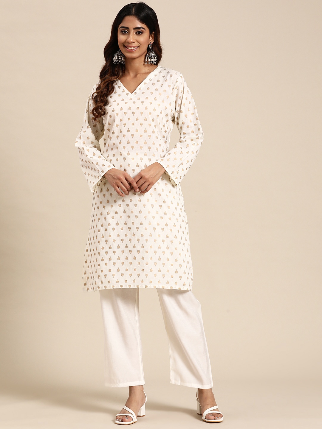 

Sayisha Women Regular Pure Cotton Kurta with Palazzos, Off white