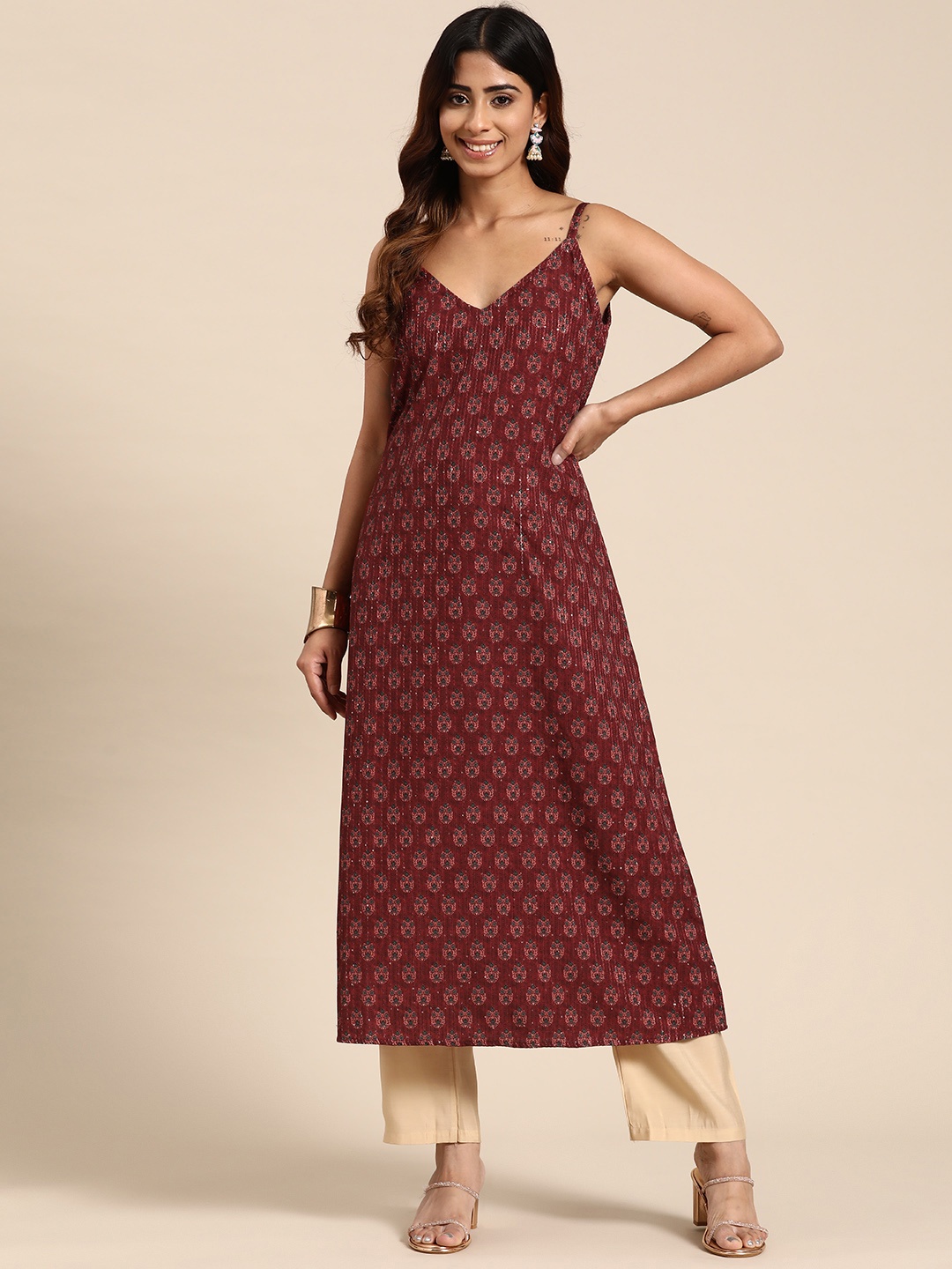 

Sayisha Women Ethnic Motifs Printed Regular Kantha Work Kurta with Trousers, Maroon