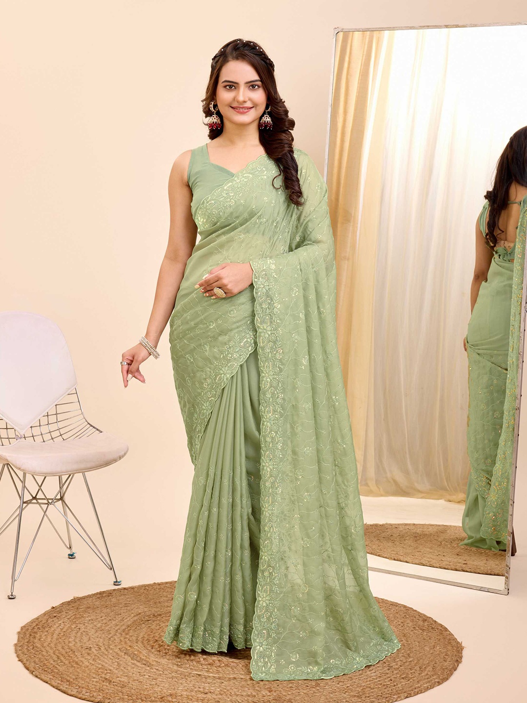 

HERE&NOW Floral Embroidered Organza Saree, Olive