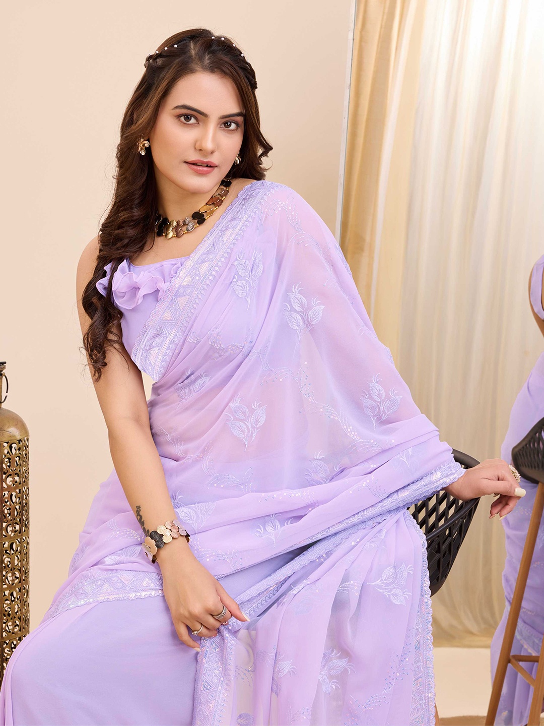 HERE&NOW Floral Embroidered Saree, Purple