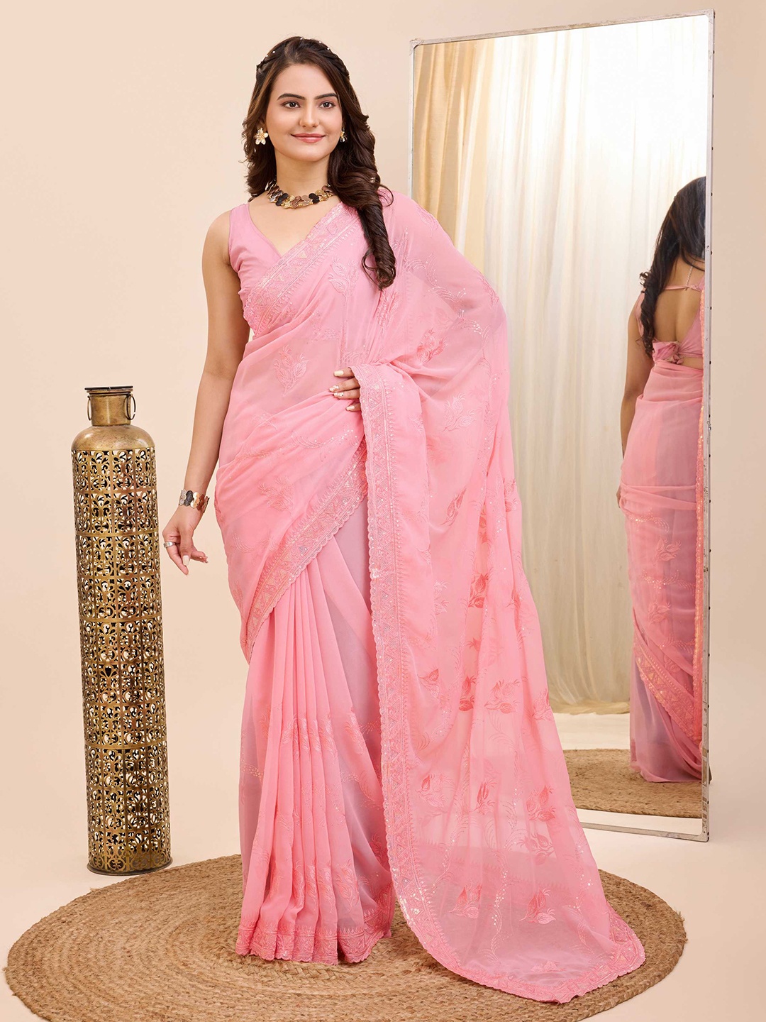 HERE&NOW Floral Embroidered Saree, Peach