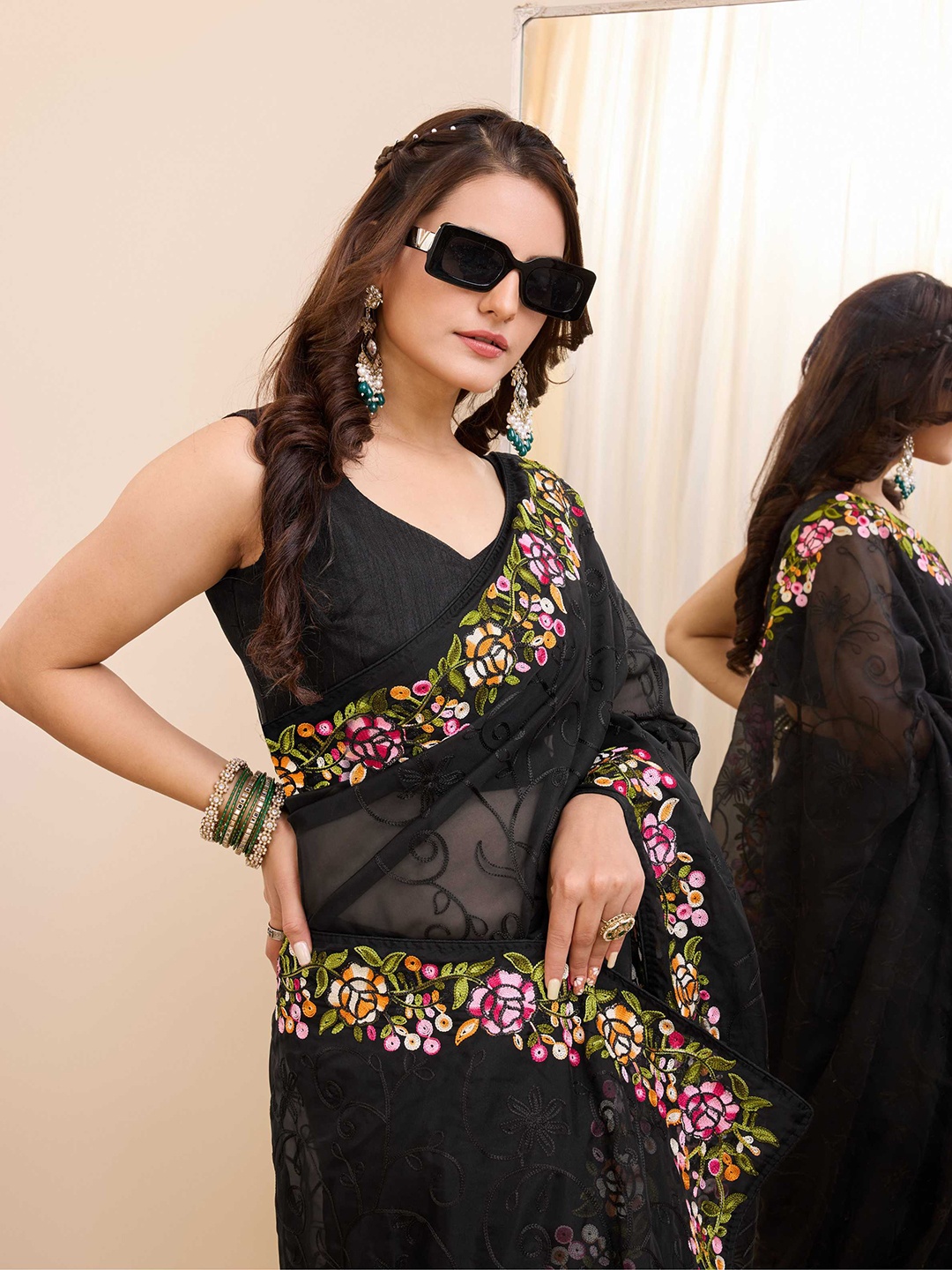 

HERE&NOW Floral Embroidered Organza Saree, Black