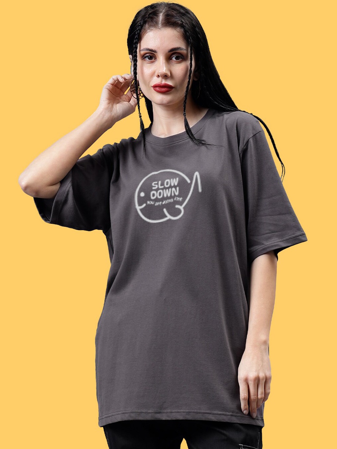 

Mad Over Print Round Neck Applique Cotton Oversized Tshirt, Grey melange