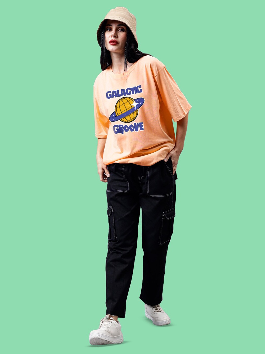 Mad Over Print Round Neck Applique Cotton Oversized Tshirt, Peach