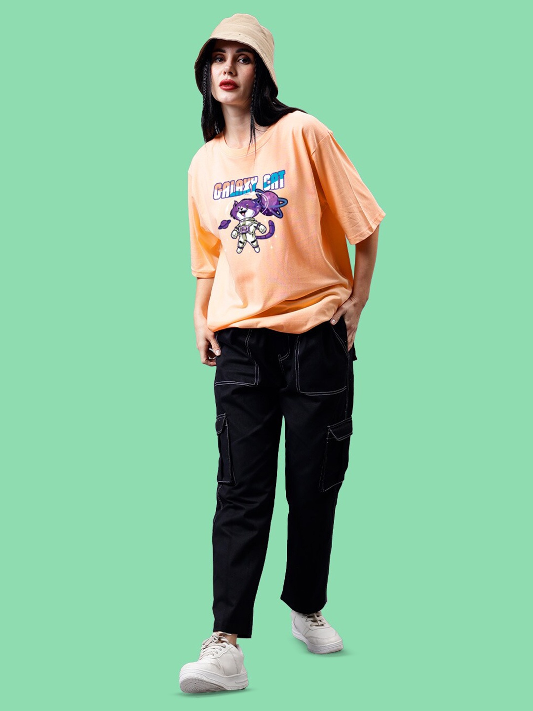 Mad Over Print Round Neck Applique Cotton Oversized Tshirt, Peach
