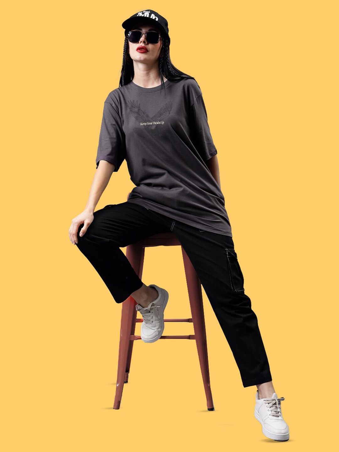 

Mad Over Print Round Neck Applique Cotton Oversized Tshirt, Grey melange