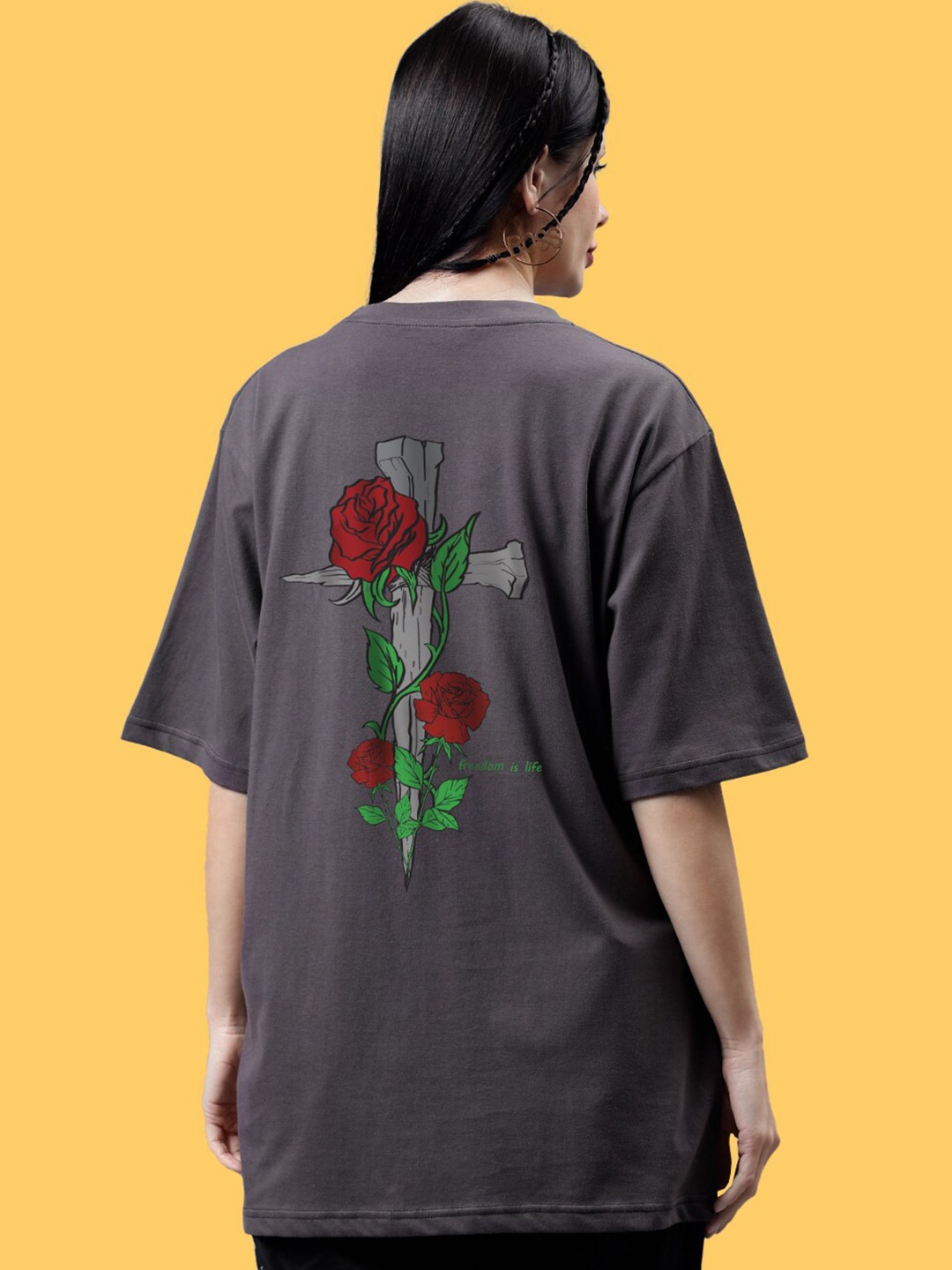 

Mad Over Print Round Neck Applique Cotton Oversized Tshirt, Grey melange