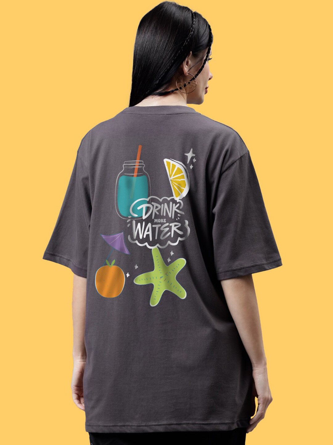 

Mad Over Print Round Neck Applique Cotton Oversized Tshirt, Grey melange