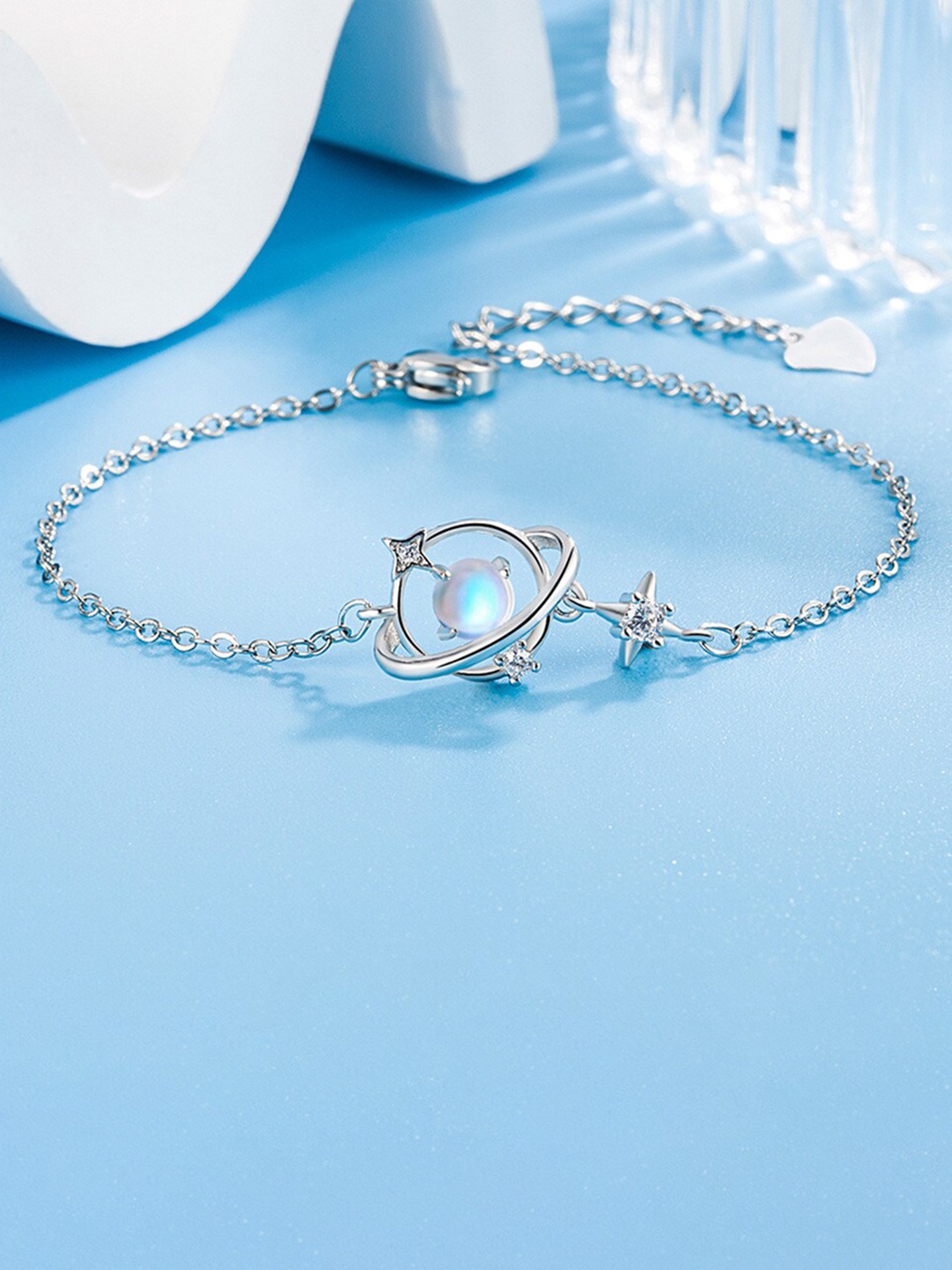 

MYKI Women Cubic Zirconia Silver-Plated Stainless Steel Charm Bracelet