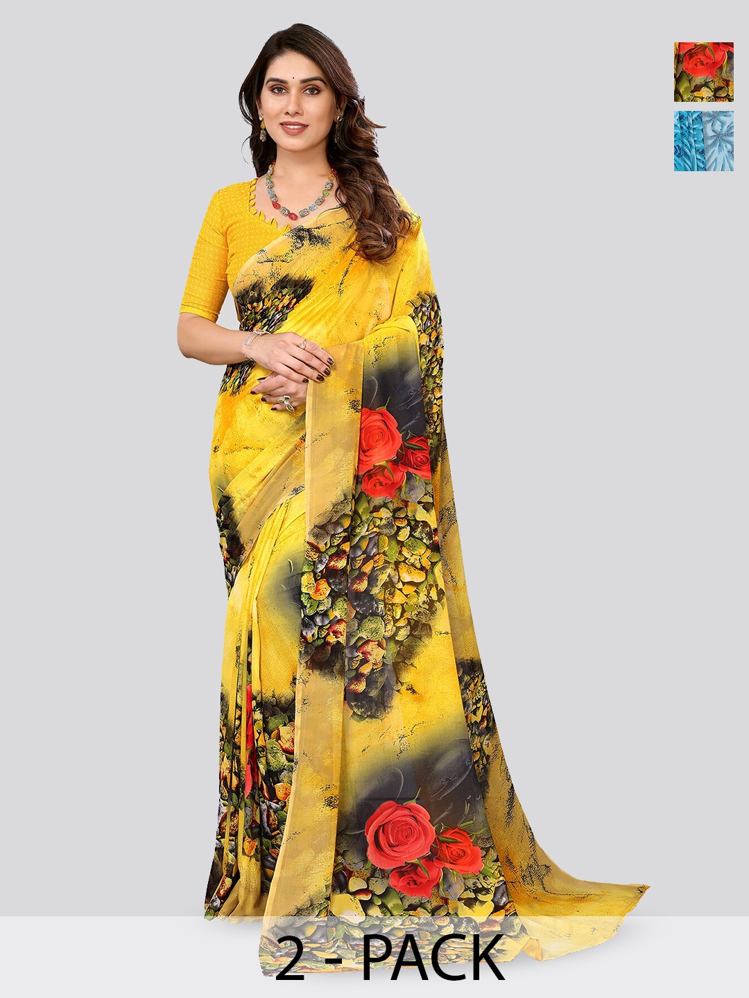 

ANAND SAREES Selection Of 2 Floral Printed Sarees, Blue