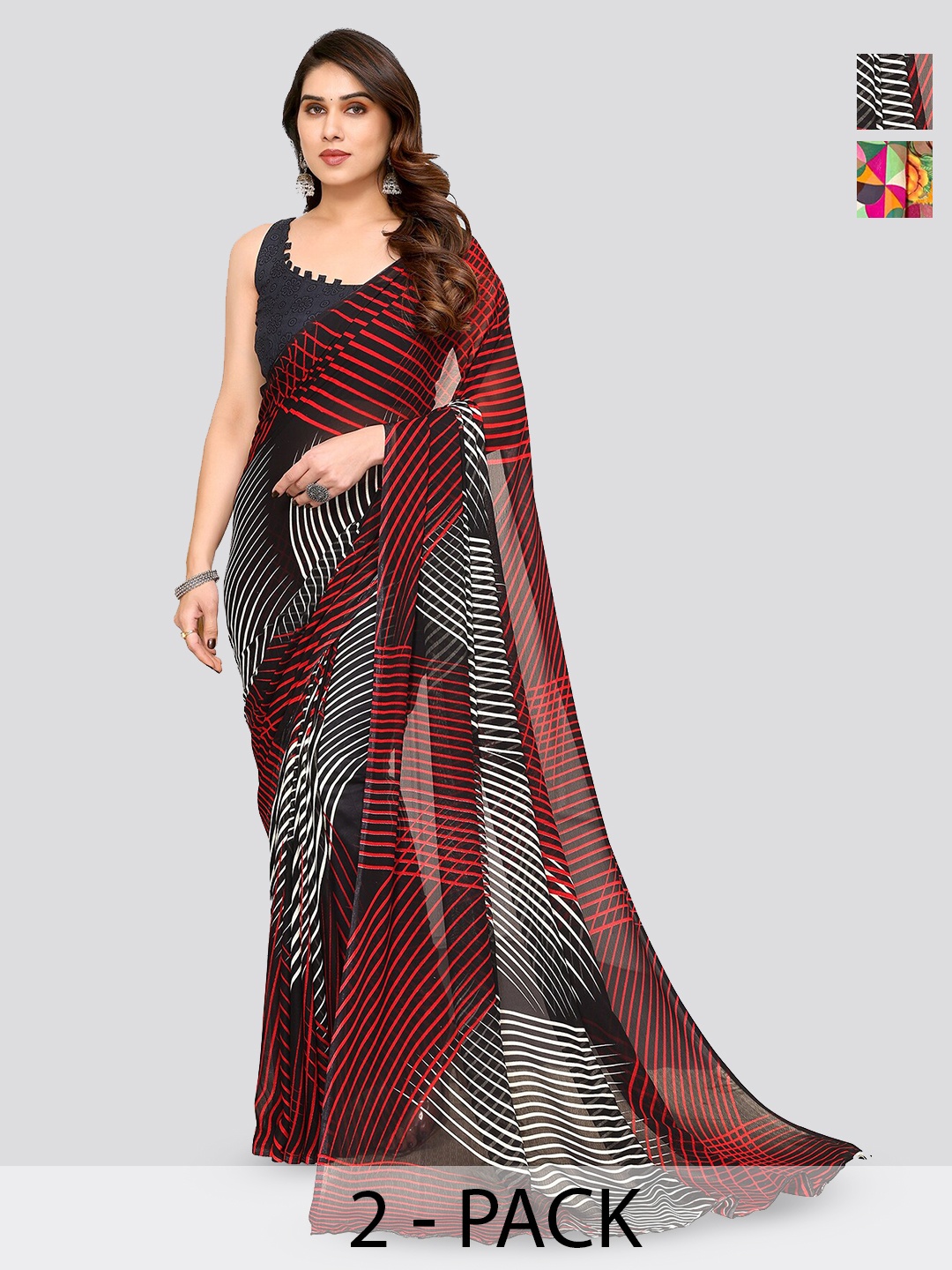 

ANAND SAREES Selection Of 2 Geometric Printed Sarees, Black