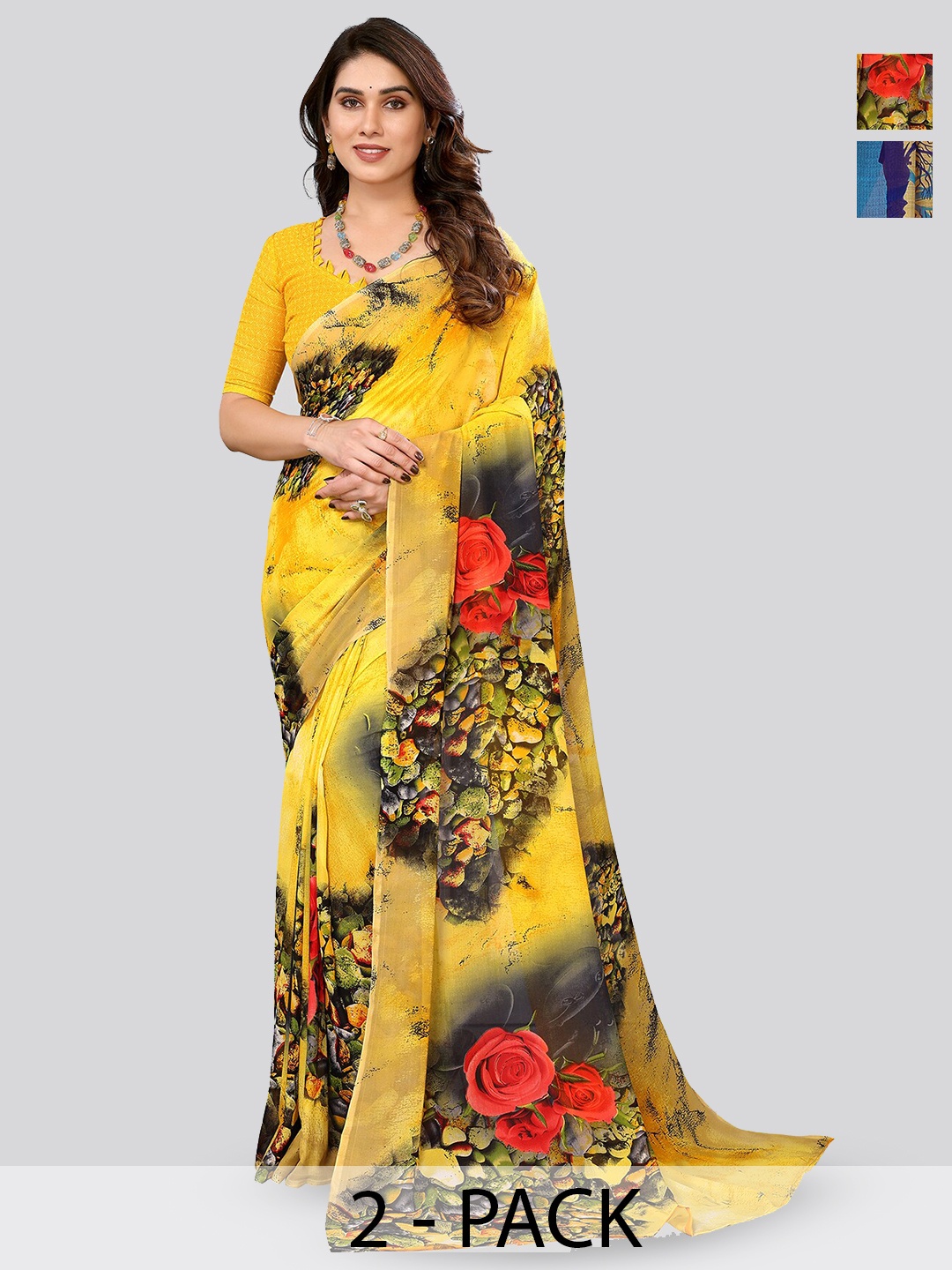 

ANAND SAREES Selection Of 2 Floral Printed Sarees, Beige