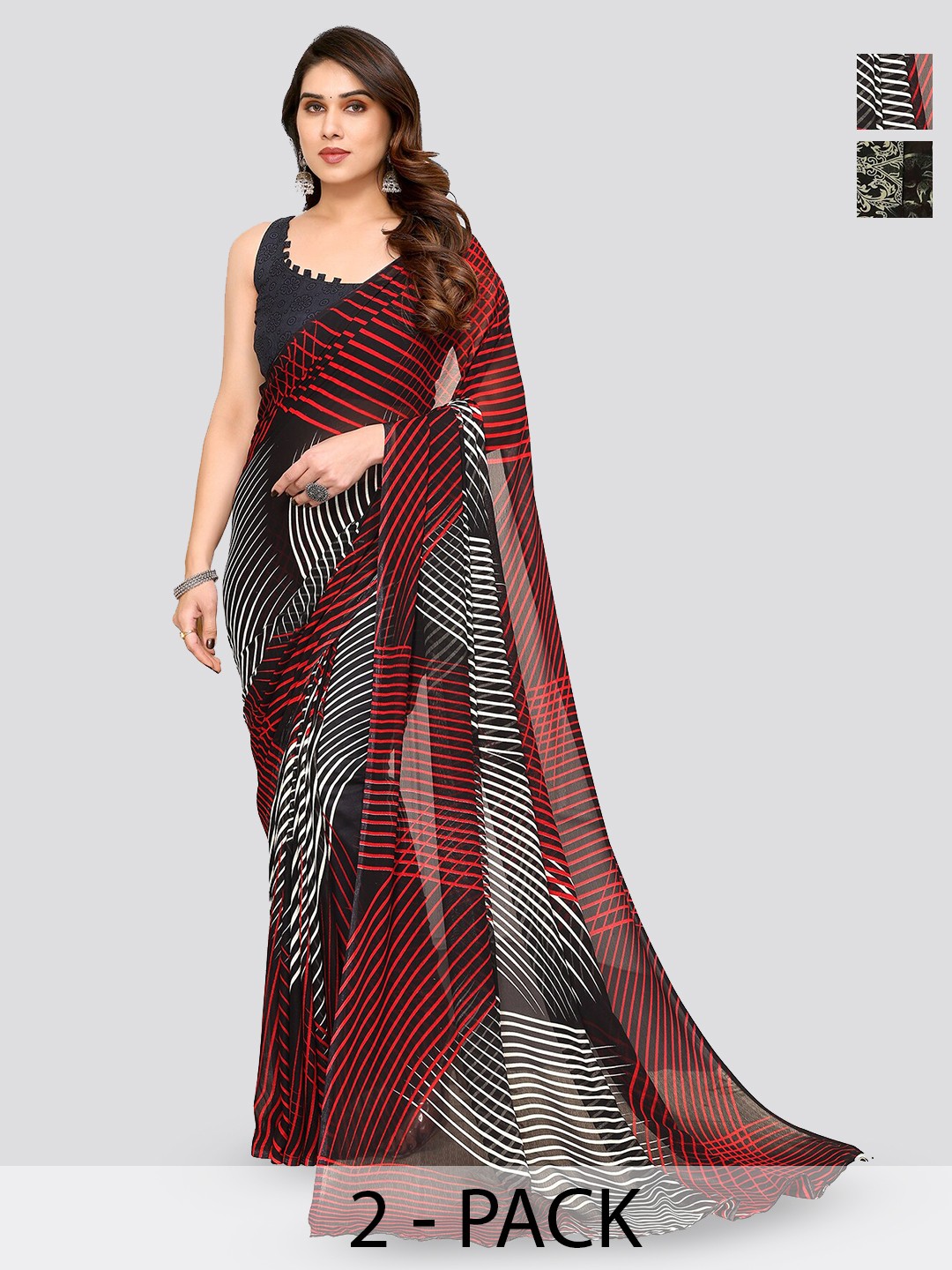 

ANAND SAREES Selection Of 2 Floral Printed Sarees, Black