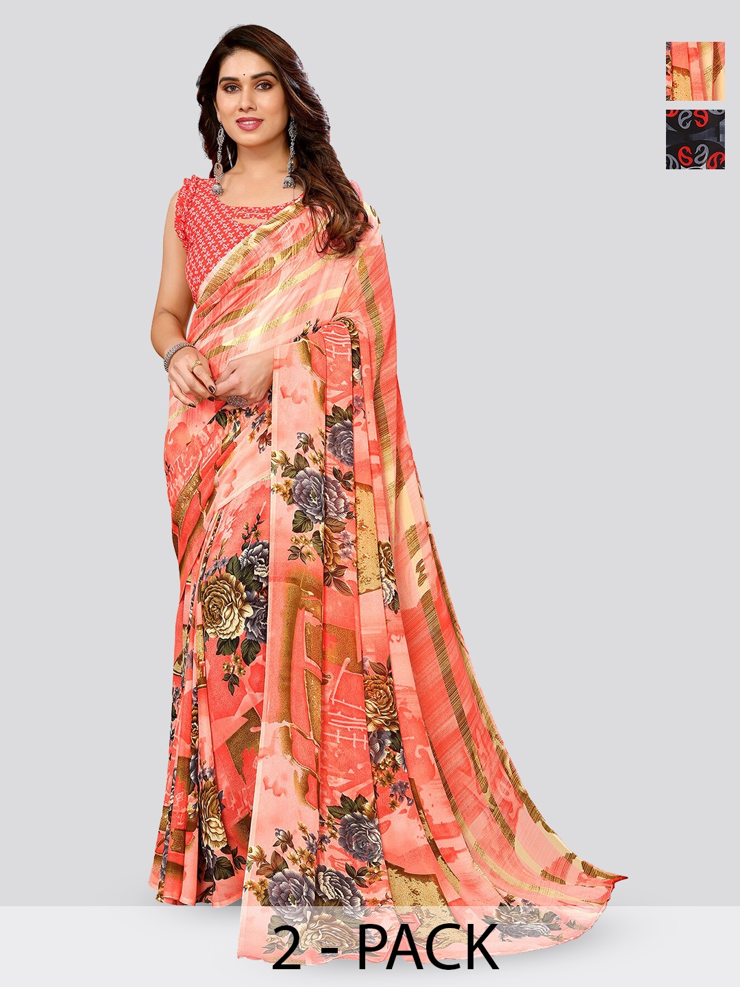 

ANAND SAREES Selection Of 2 Floral Printed Sarees, Peach