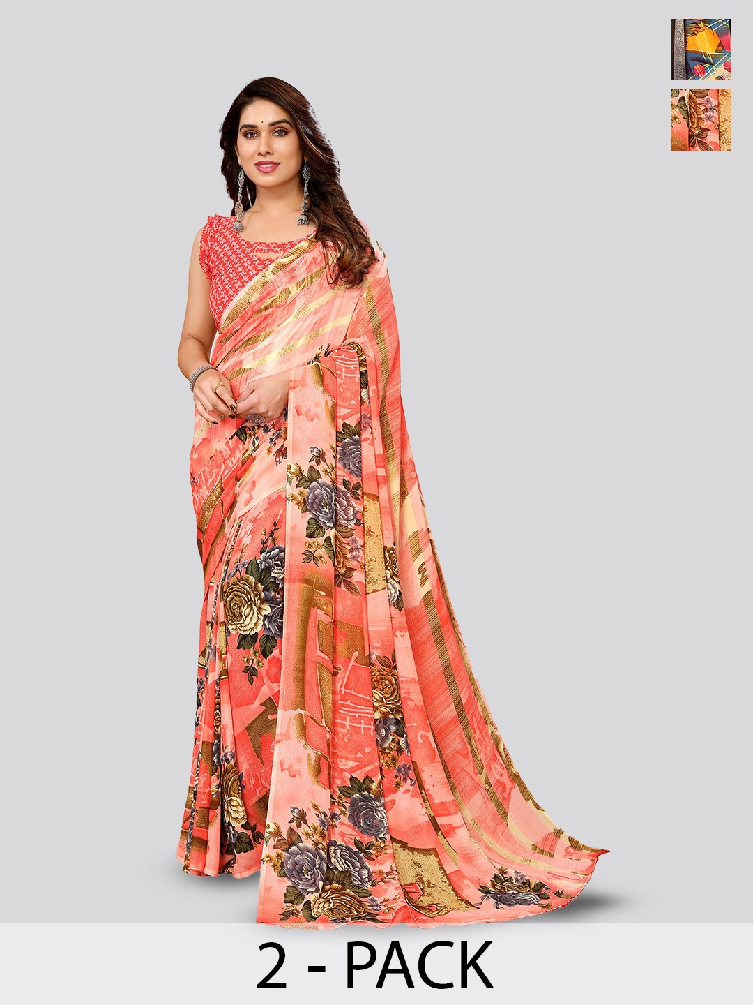 

ANAND SAREES Selection Of 2 Floral Printed Sarees, Peach