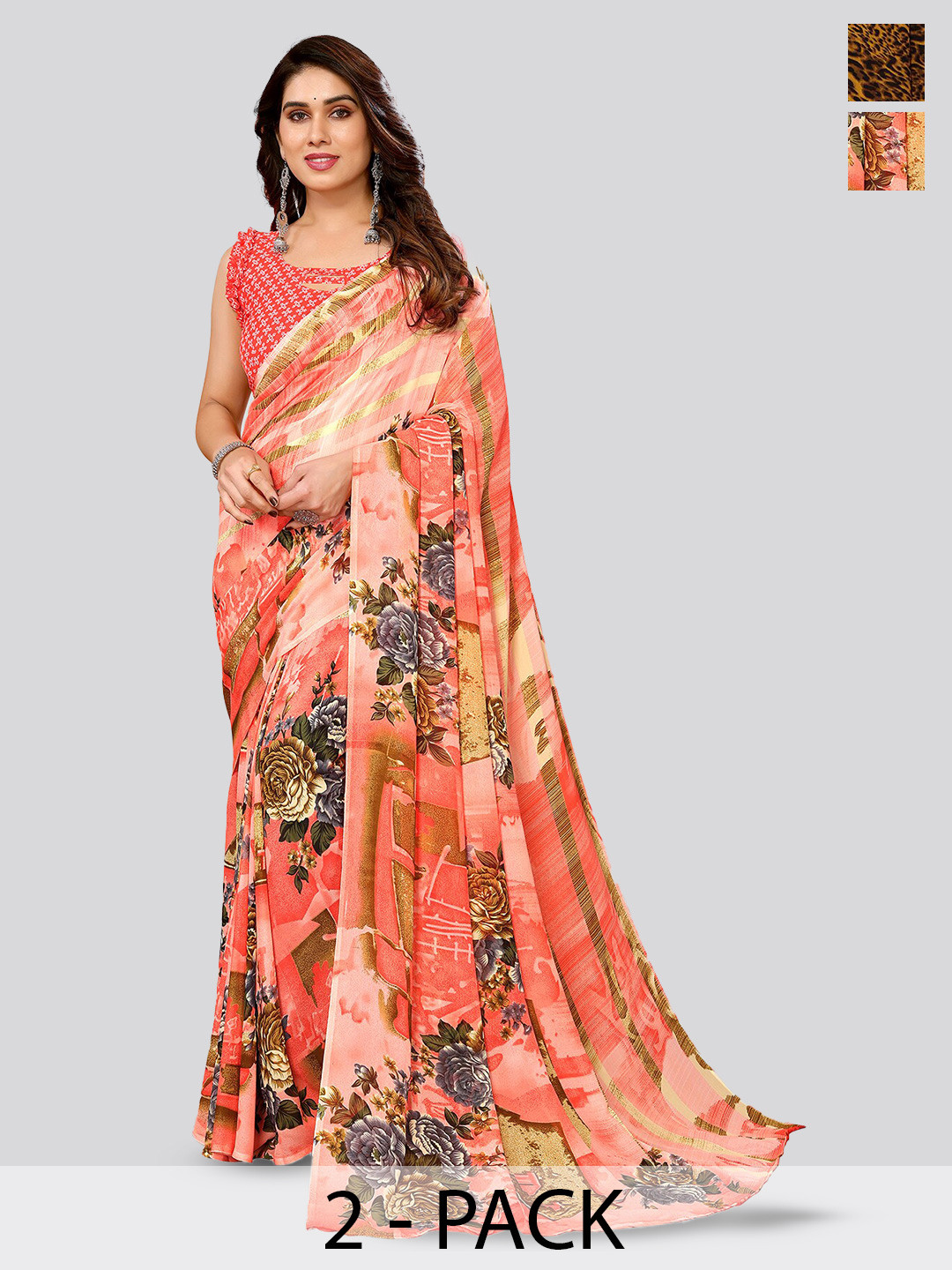

ANAND SAREES Selection Of 2 Floral Printed Sarees, Pink