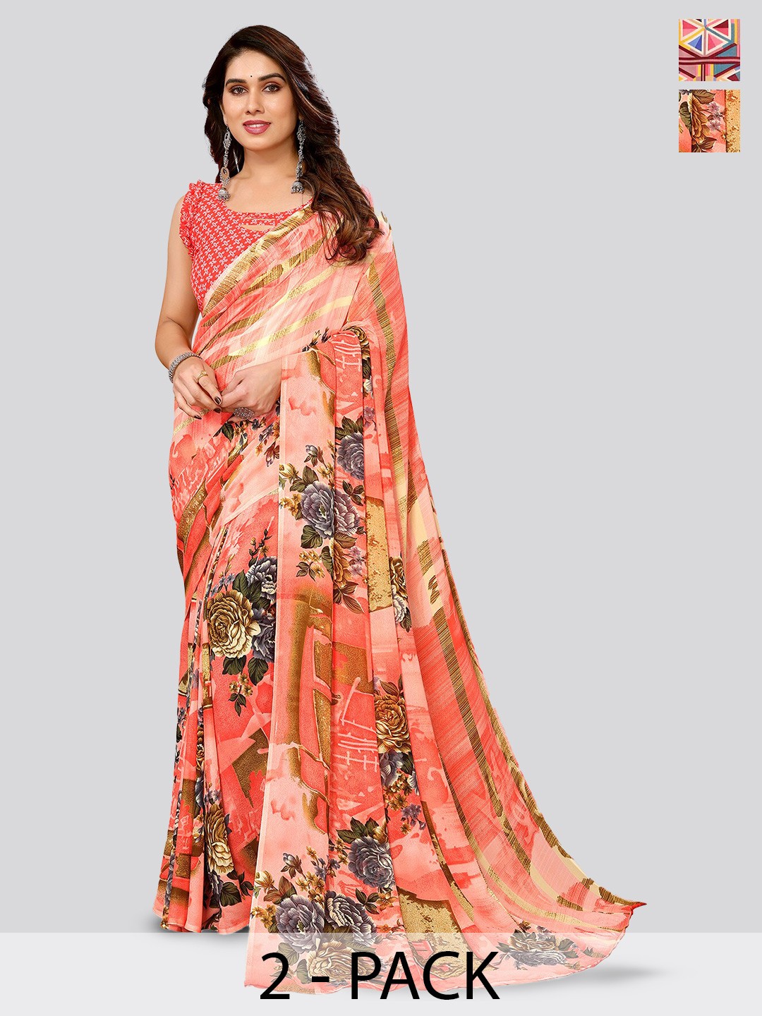 

ANAND SAREES Selection Of 2 Geometric Printed Sarees, Pink