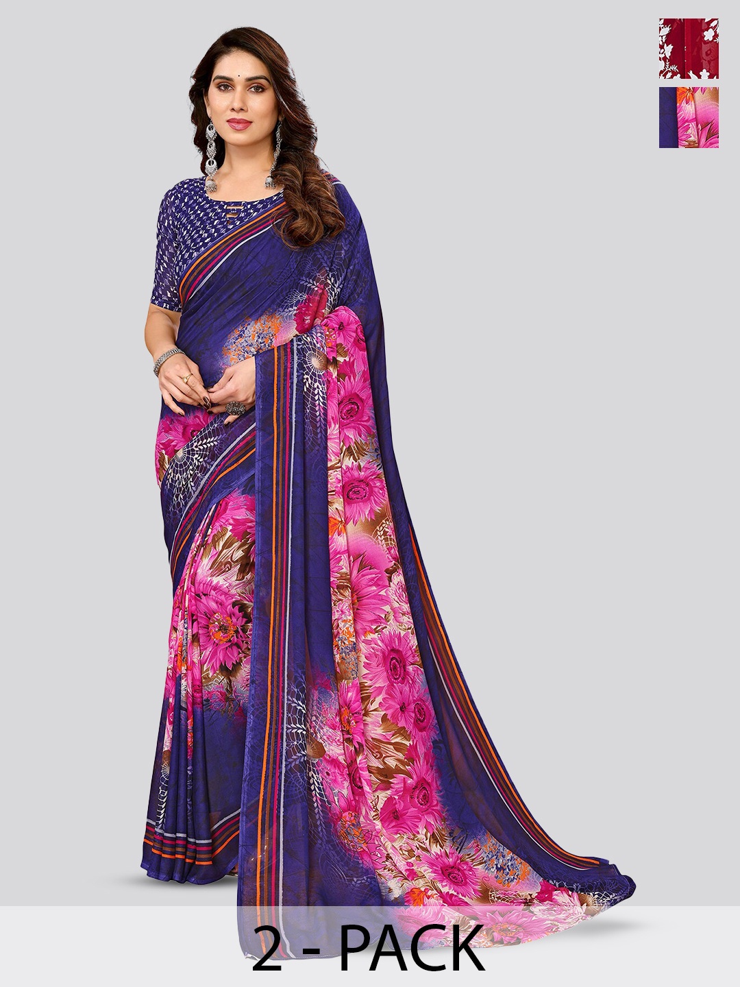 

ANAND SAREES Selection Of 2 Floral Printed Sarees, Red