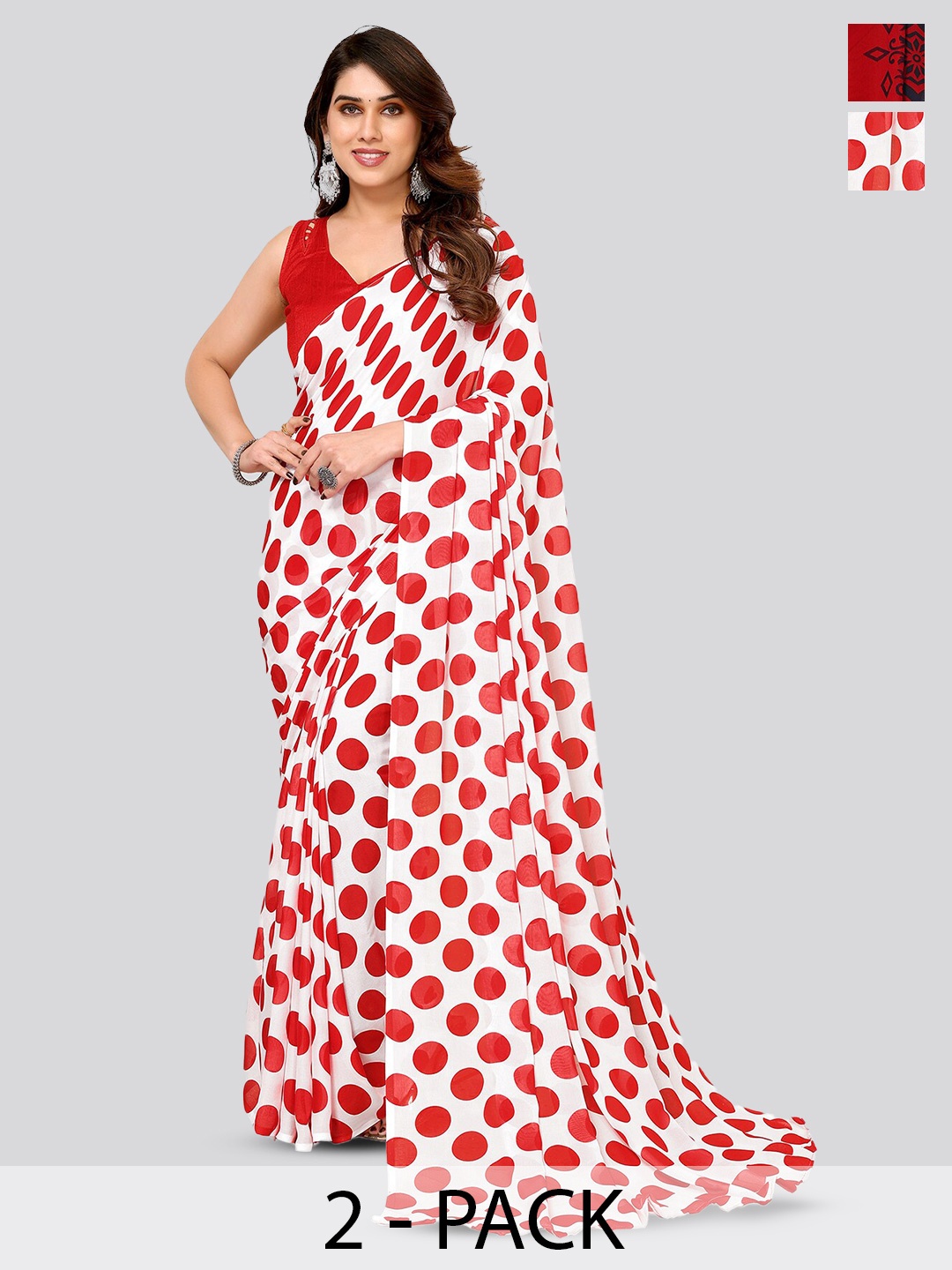 

ANAND SAREES Selection Of 2 Polka Dots Printed Sarees, White