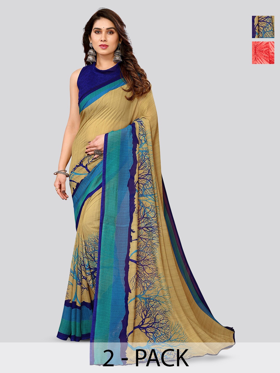 

ANAND SAREES Selection Of 2 Floral Printed Sarees, Beige