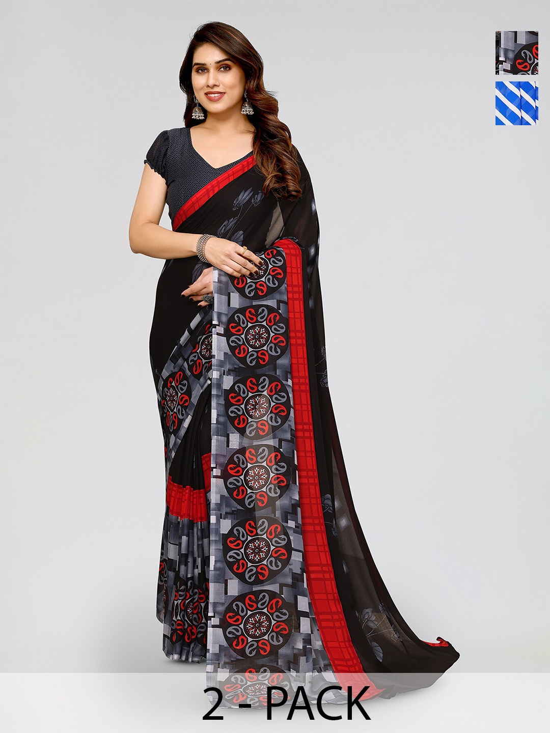 

ANAND SAREES Selection Of 2 Geometric Printed Sarees, Blue