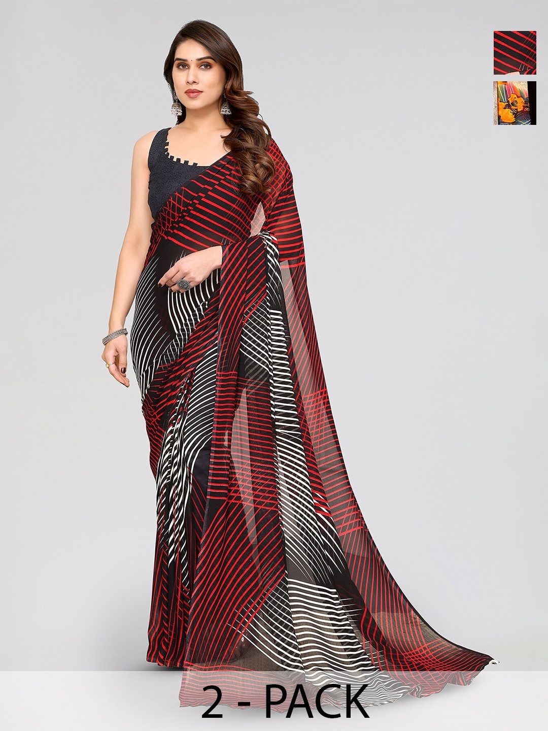 

ANAND SAREES Selection Of 2 Geometric Printed Sarees, Black