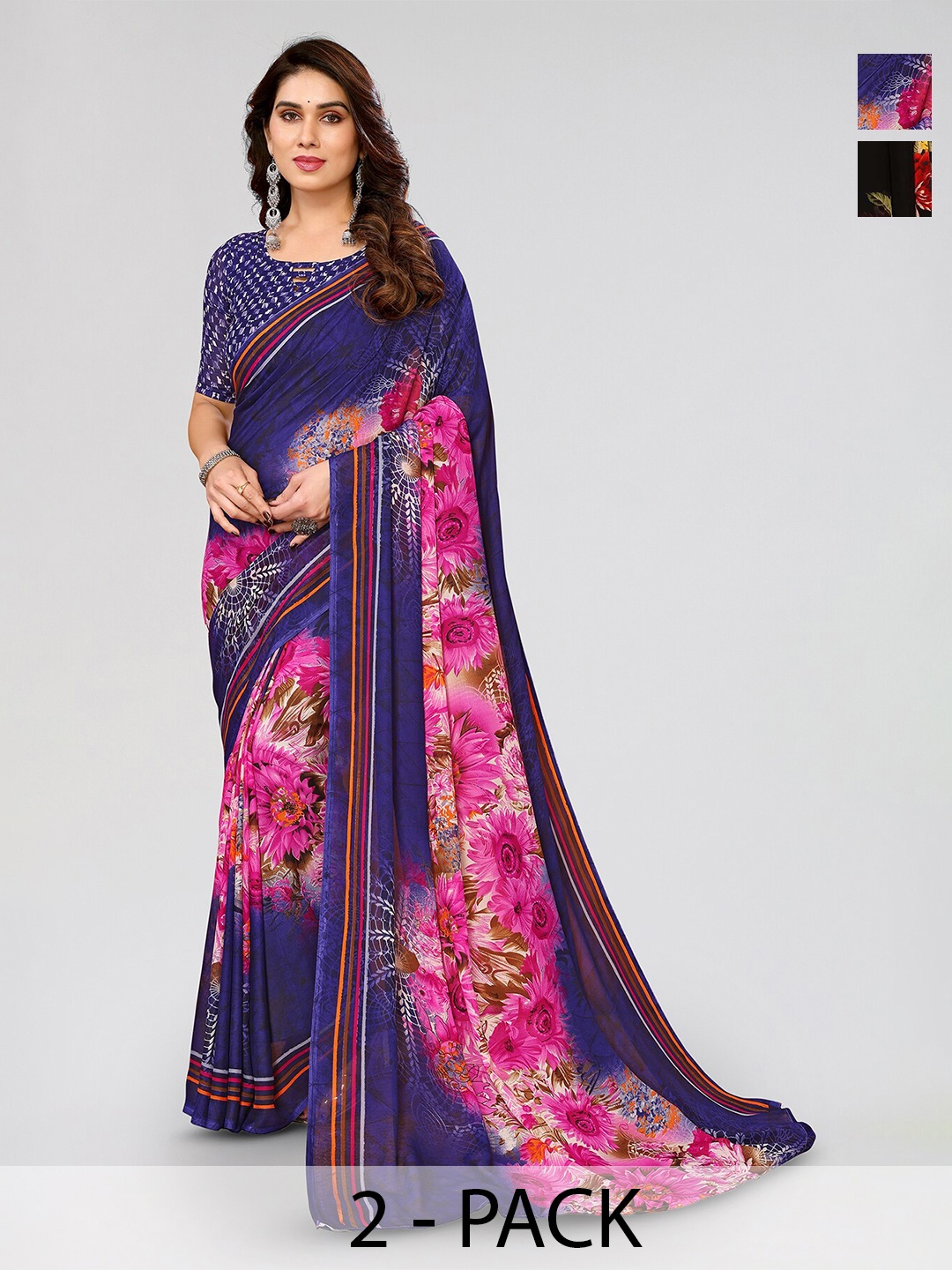 

ANAND SAREES Selection Of 2 Floral Printed Sarees, Black