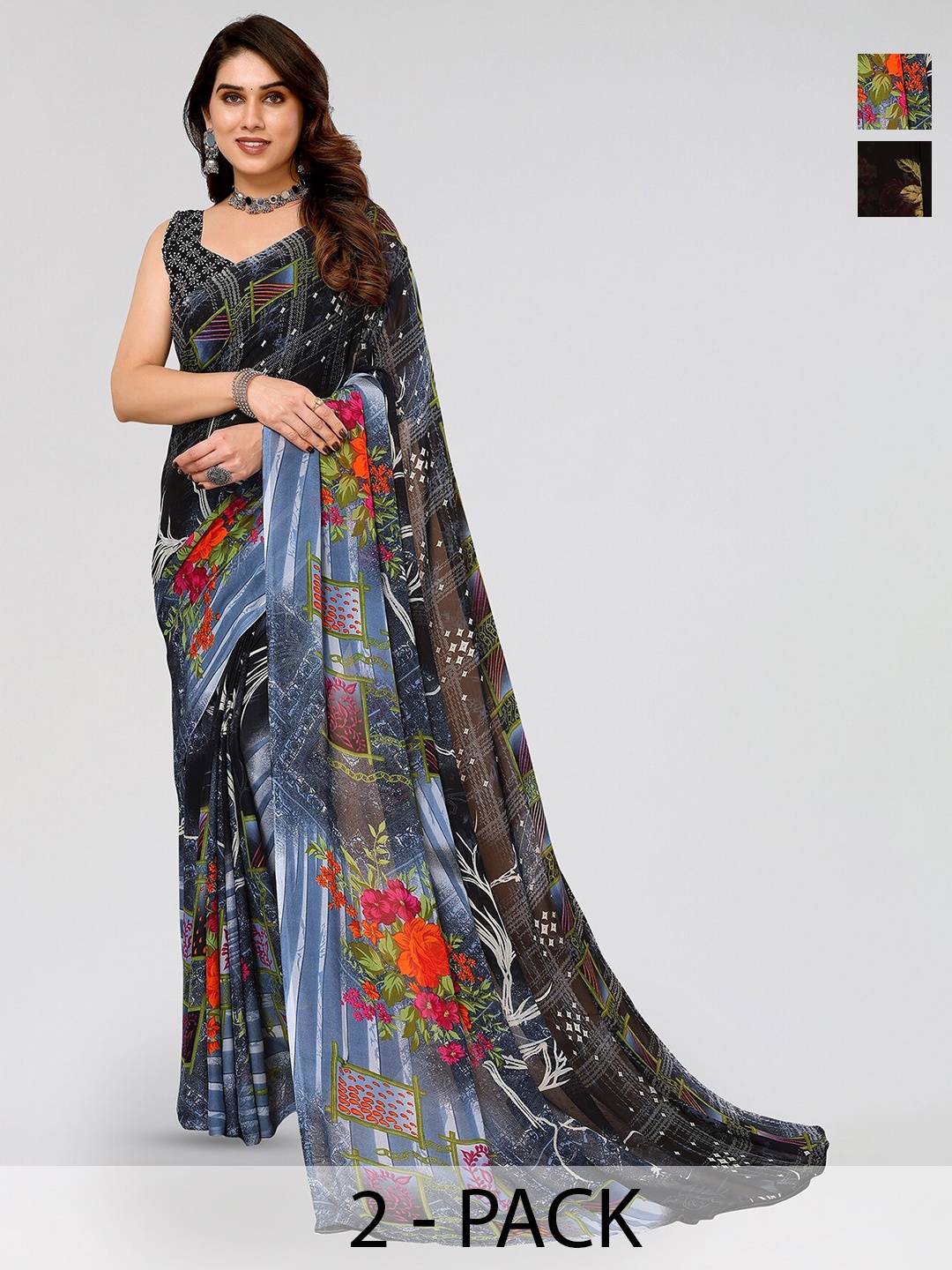 

ANAND SAREES Selection Of 2 Floral Printed Sarees, Black