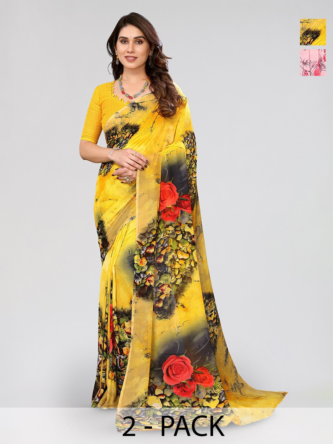 

ANAND SAREES Selection Of 2 Floral Printed Sarees, Yellow