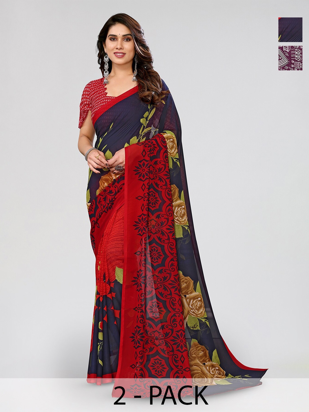 

ANAND SAREES Selection Of 2 Floral Printed Sarees, Navy blue