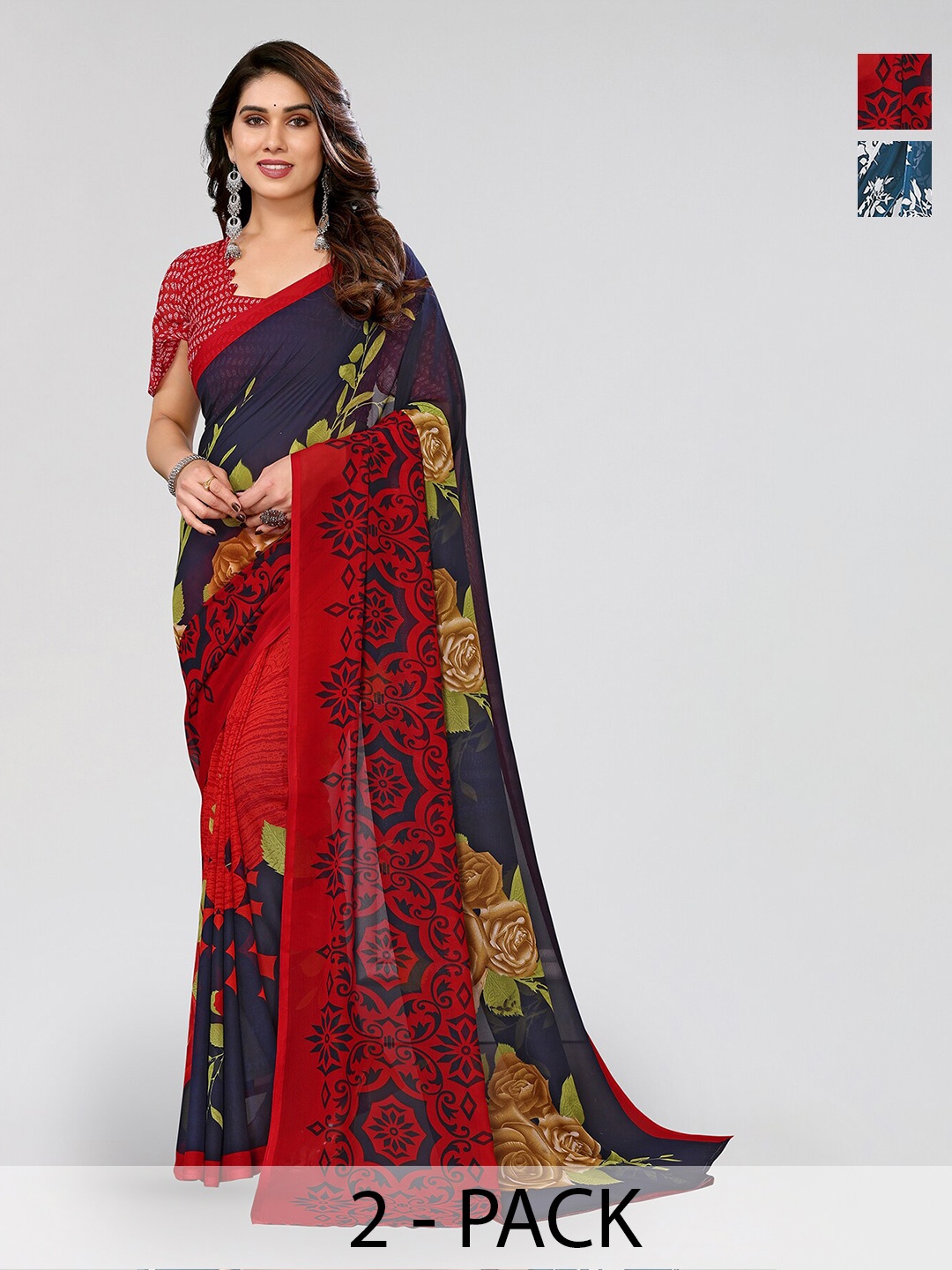 

ANAND SAREES Selection Of 2 Floral Printed Poly Georgette Sarees, Red