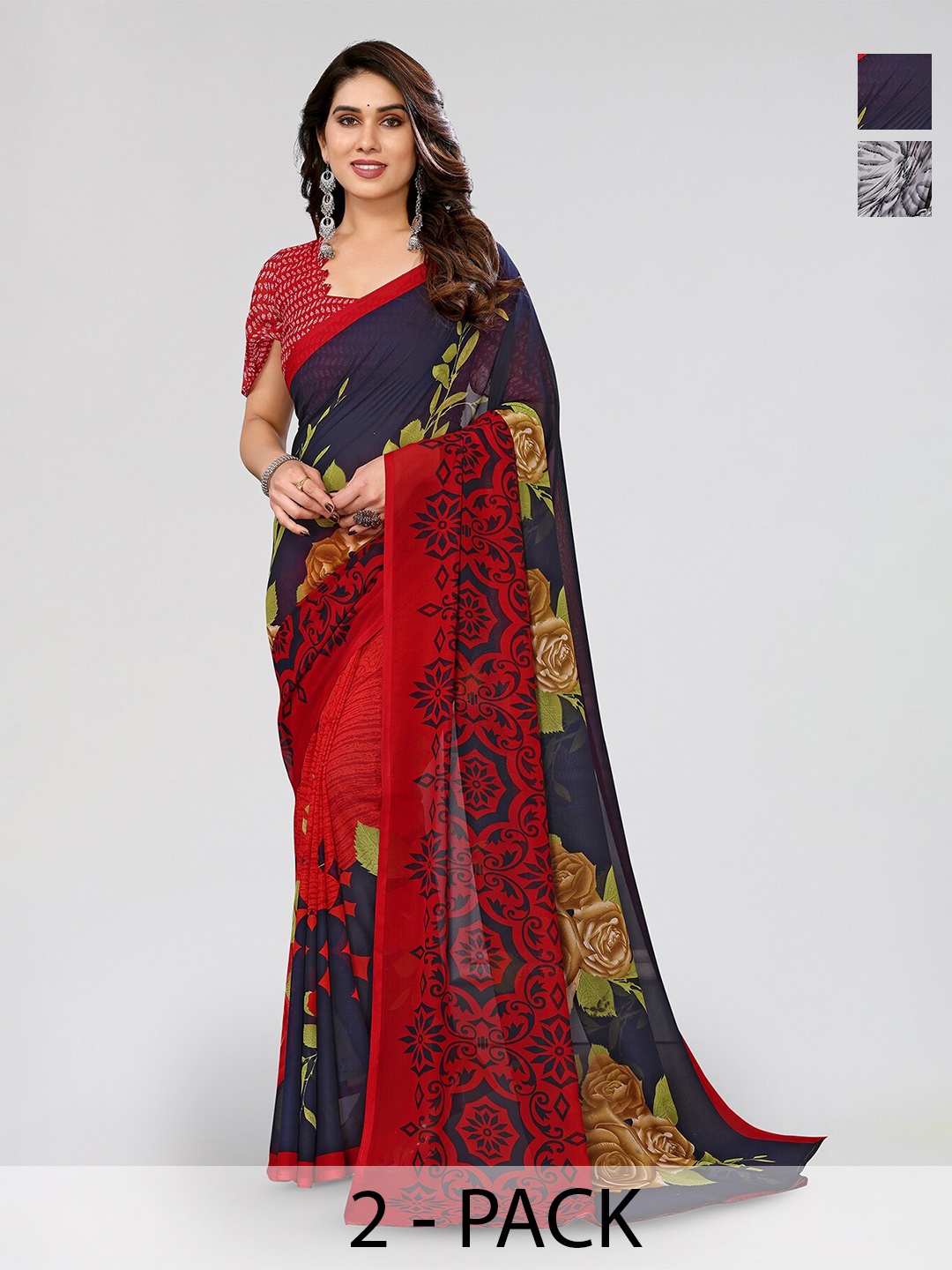 

ANAND SAREES Selection Of 2 Floral Printed Poly Georgette Saree, Black