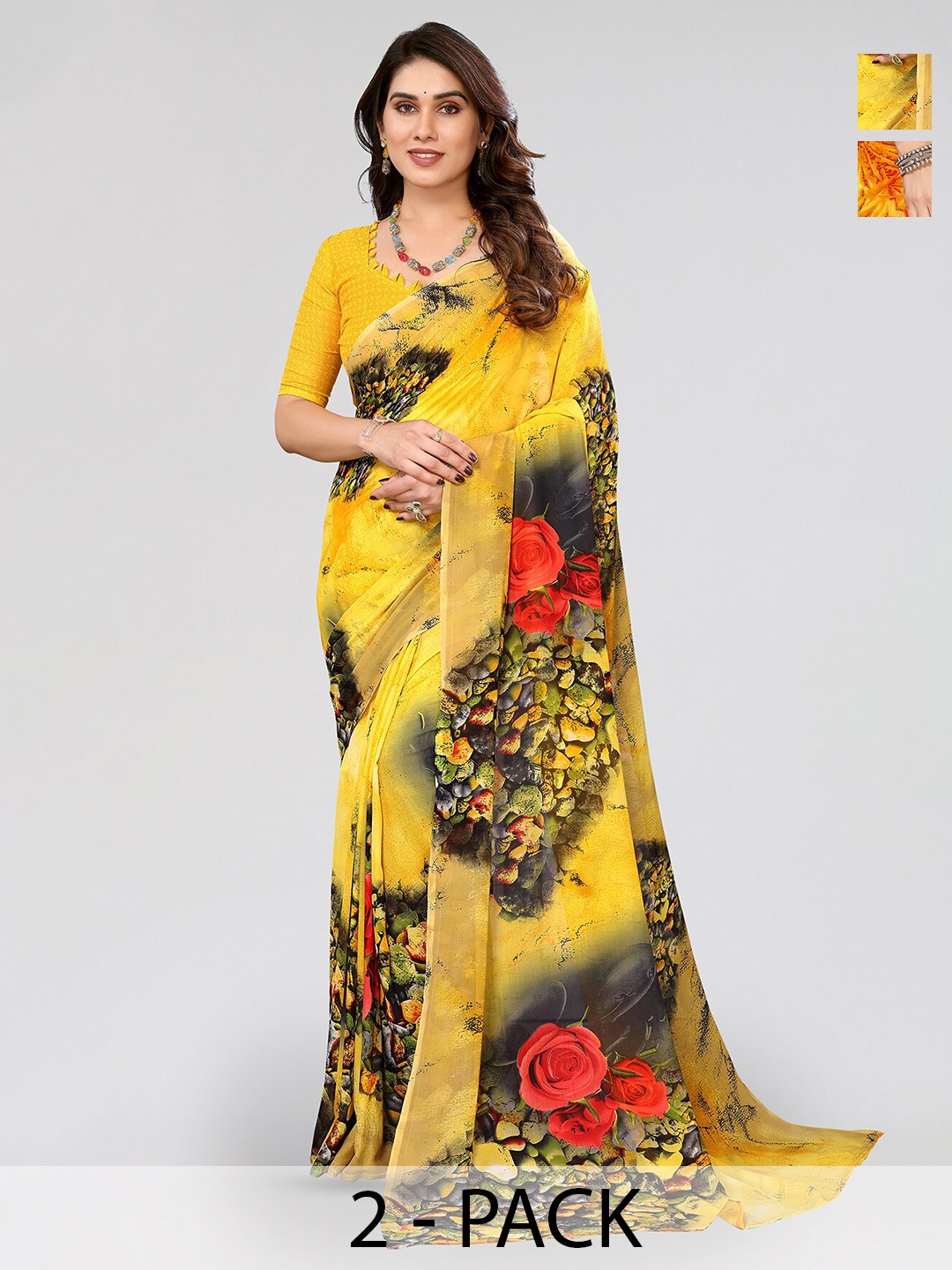 

ANAND SAREES Selection Of 2 Floral Printed Poly Georgette Sarees, Yellow