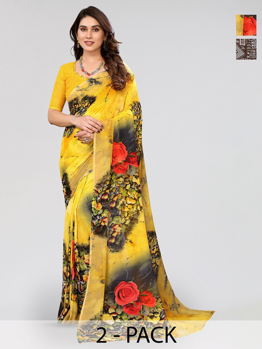 

ANAND SAREES Selection Of 2 Floral Printed Poly Georgette Sarees, Yellow