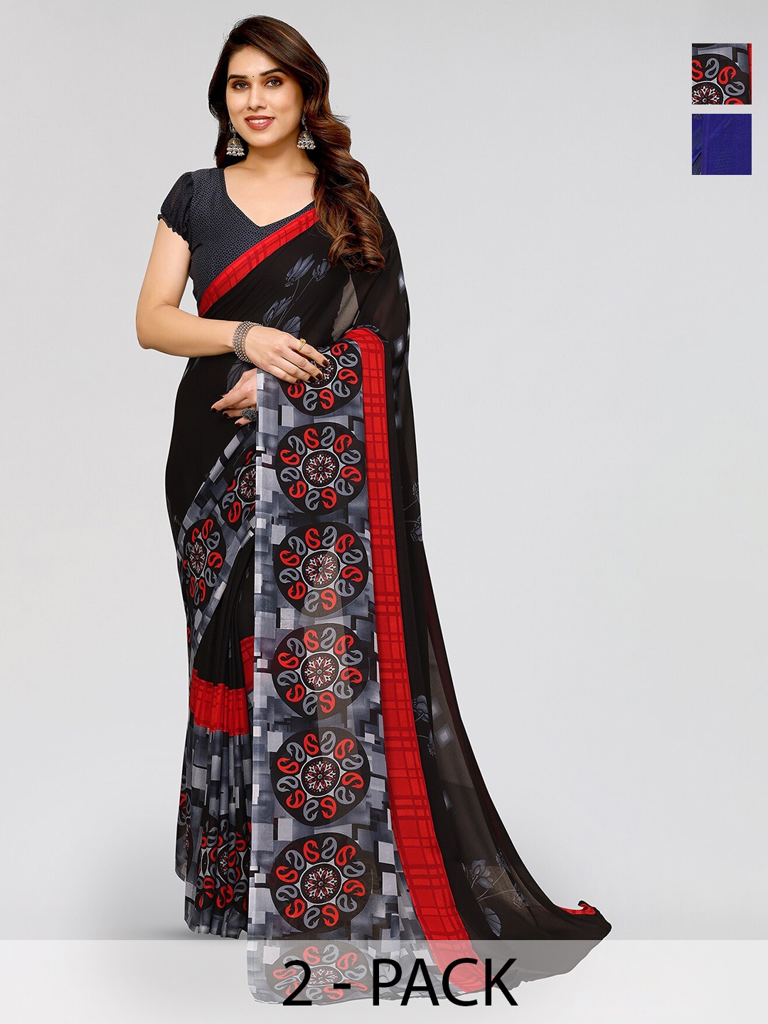 

ANAND SAREES Selection Of 2 Geometric Printed Poly Georgette Sarees, Blue