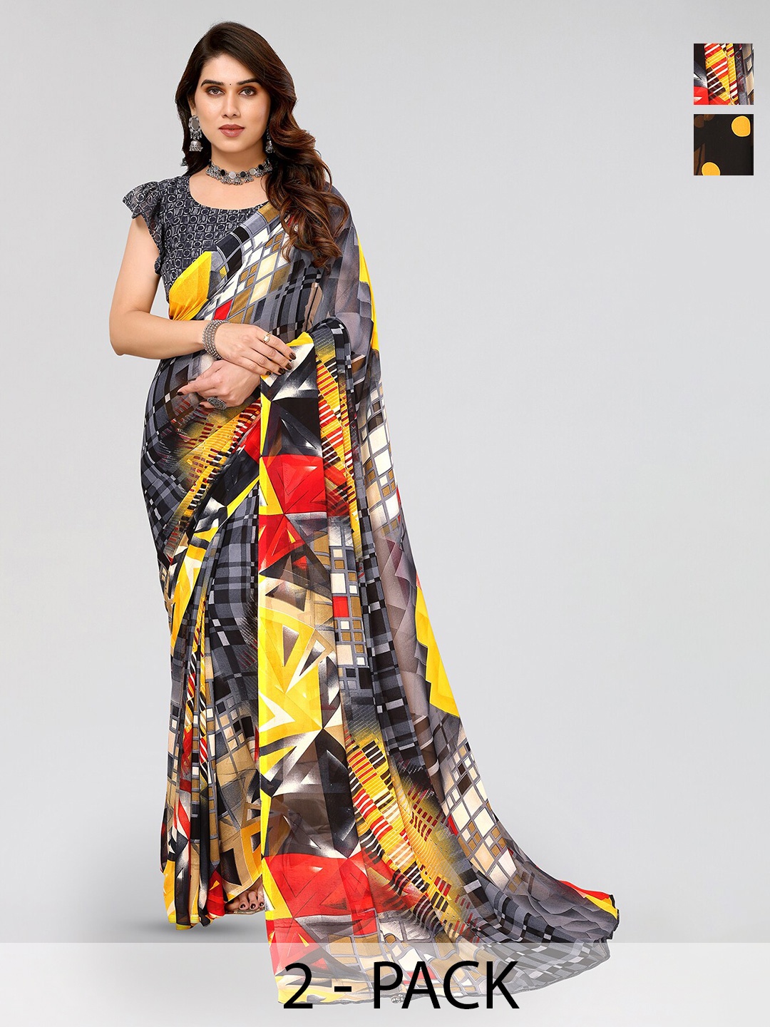 

ANAND SAREES Selection Of 2 Geometric Printed Poly Georgette Sarees, Grey