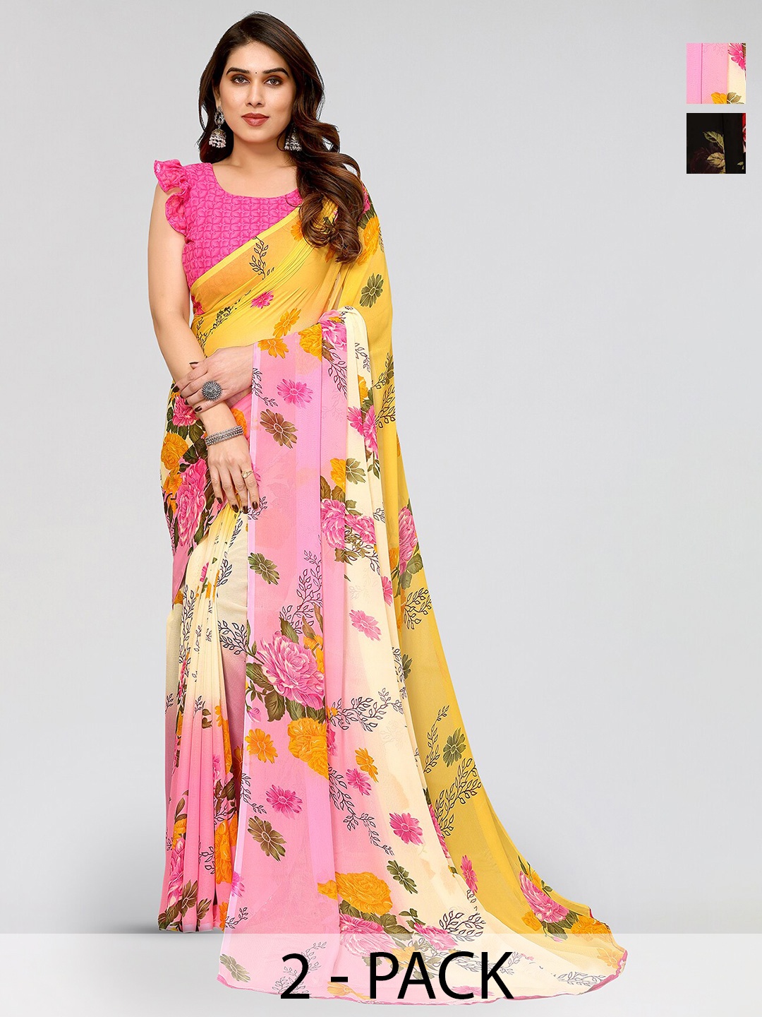 

ANAND SAREES Selection Of 2 Floral Printed Poly Georgette Sarees, Pink