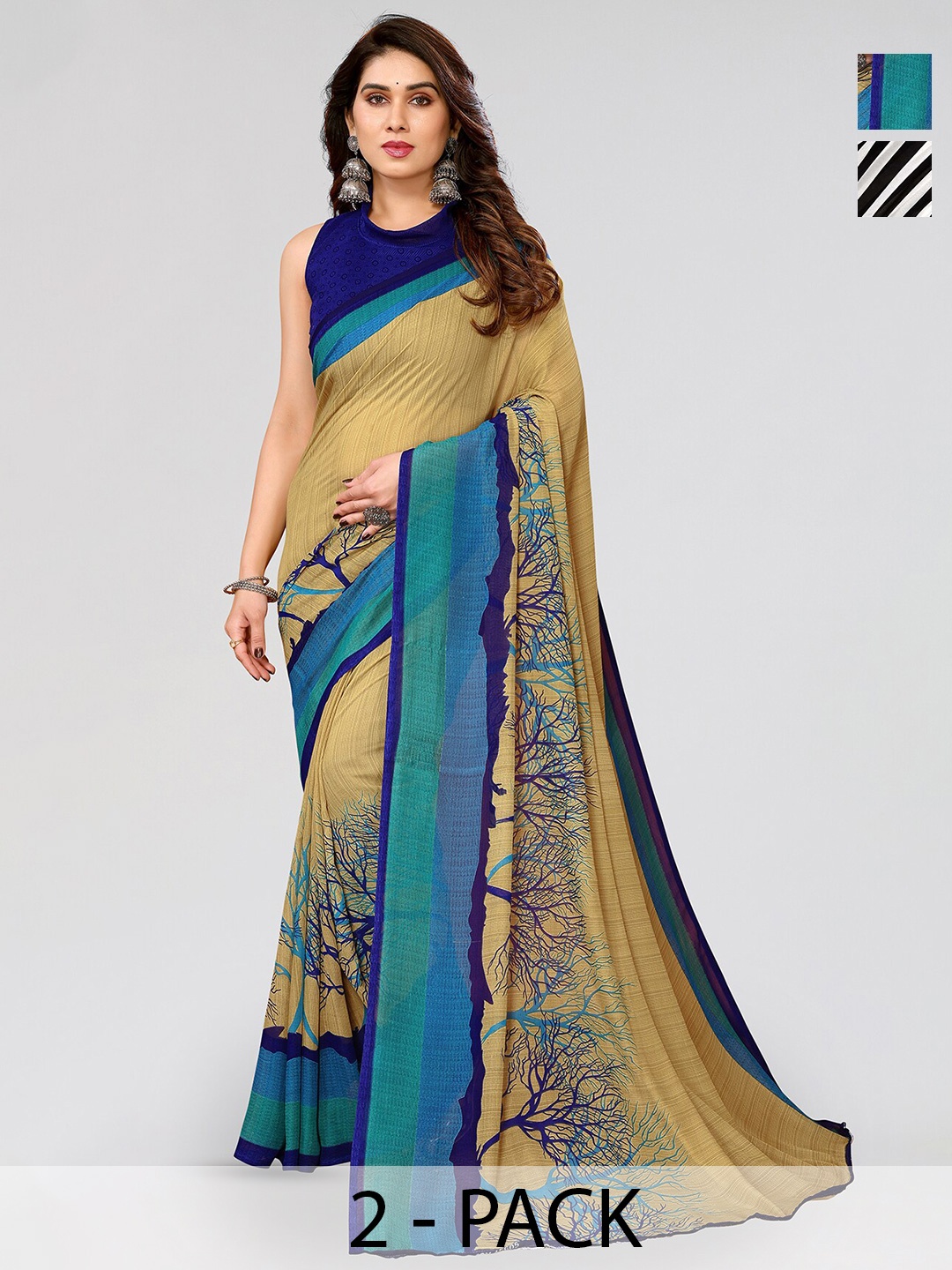 

ANAND SAREES Selection Of 2 Striped Poly Georgette Sarees, White