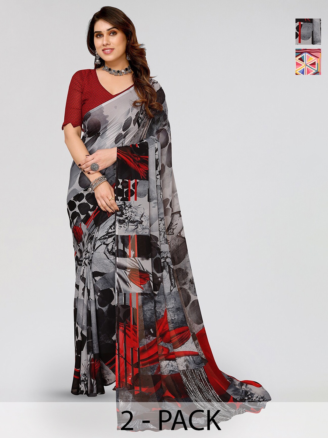 

ANAND SAREES Selection Of 2 Abstract Printed Poly Georgette Sarees, Grey