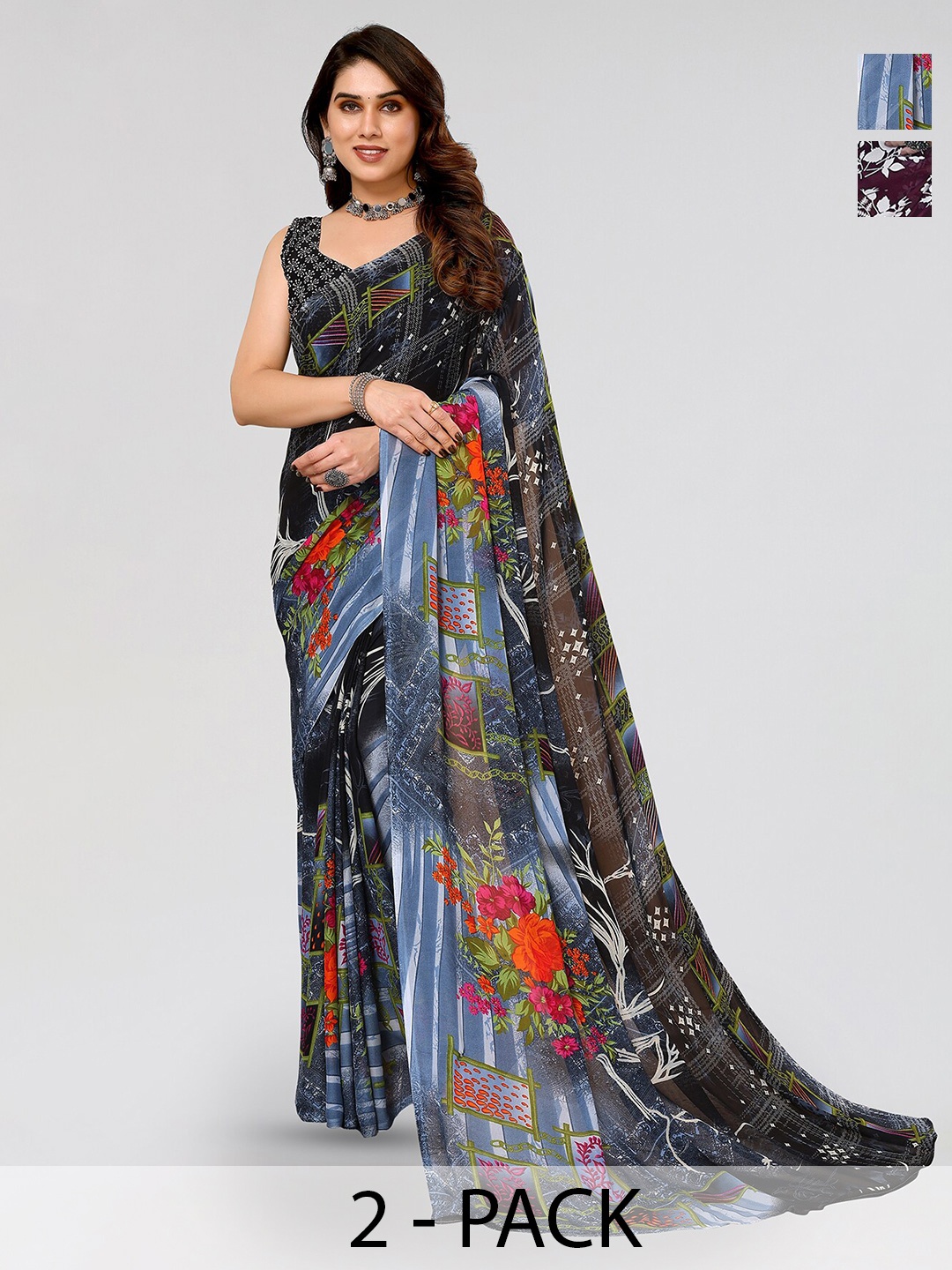 

ANAND SAREES Selection Of 2 Floral Printed Poly Georgette Sarees, Red