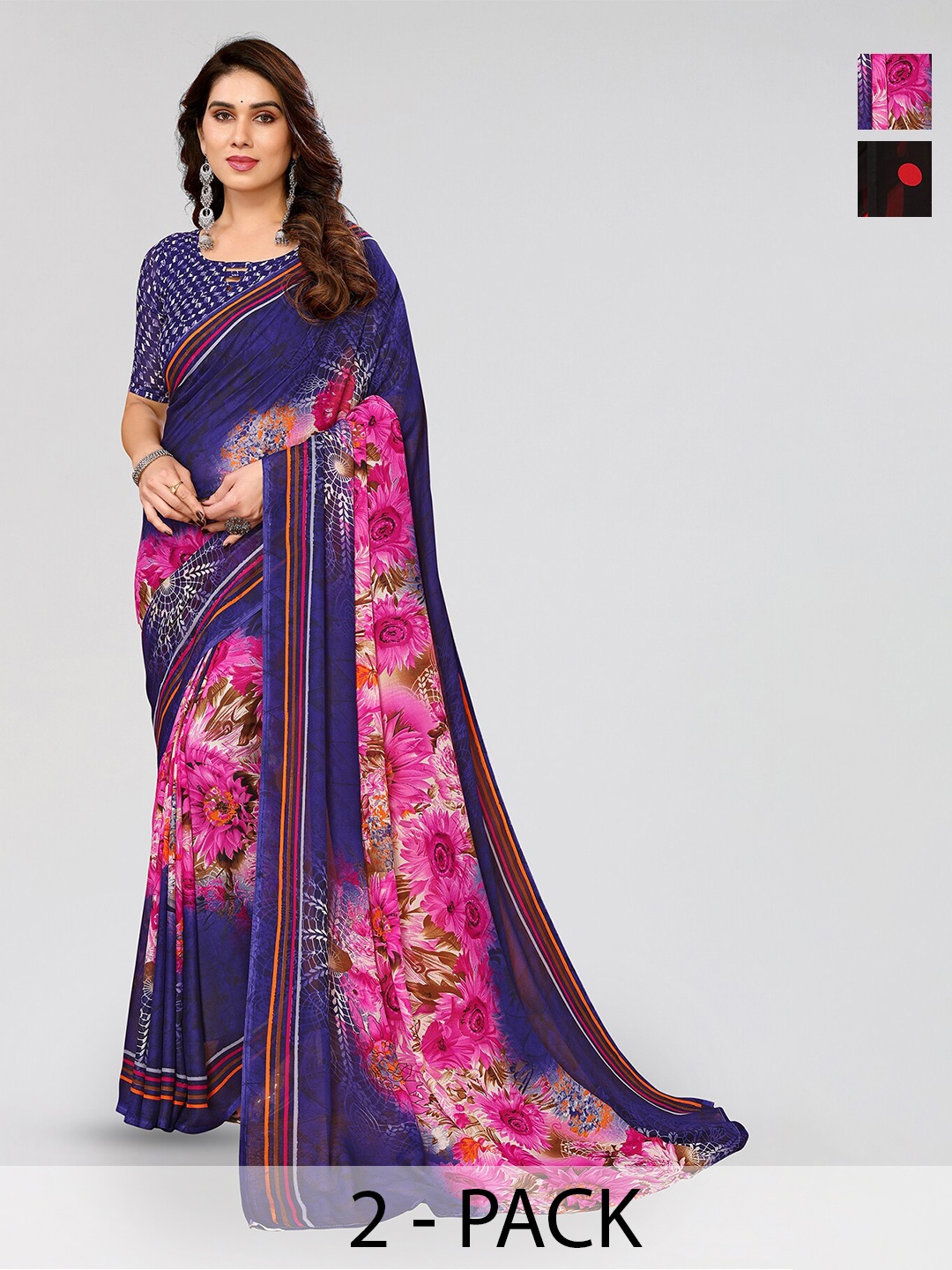 

ANAND SAREES Selection Of 2 Floral Printed Poly Georgette Sarees, Red