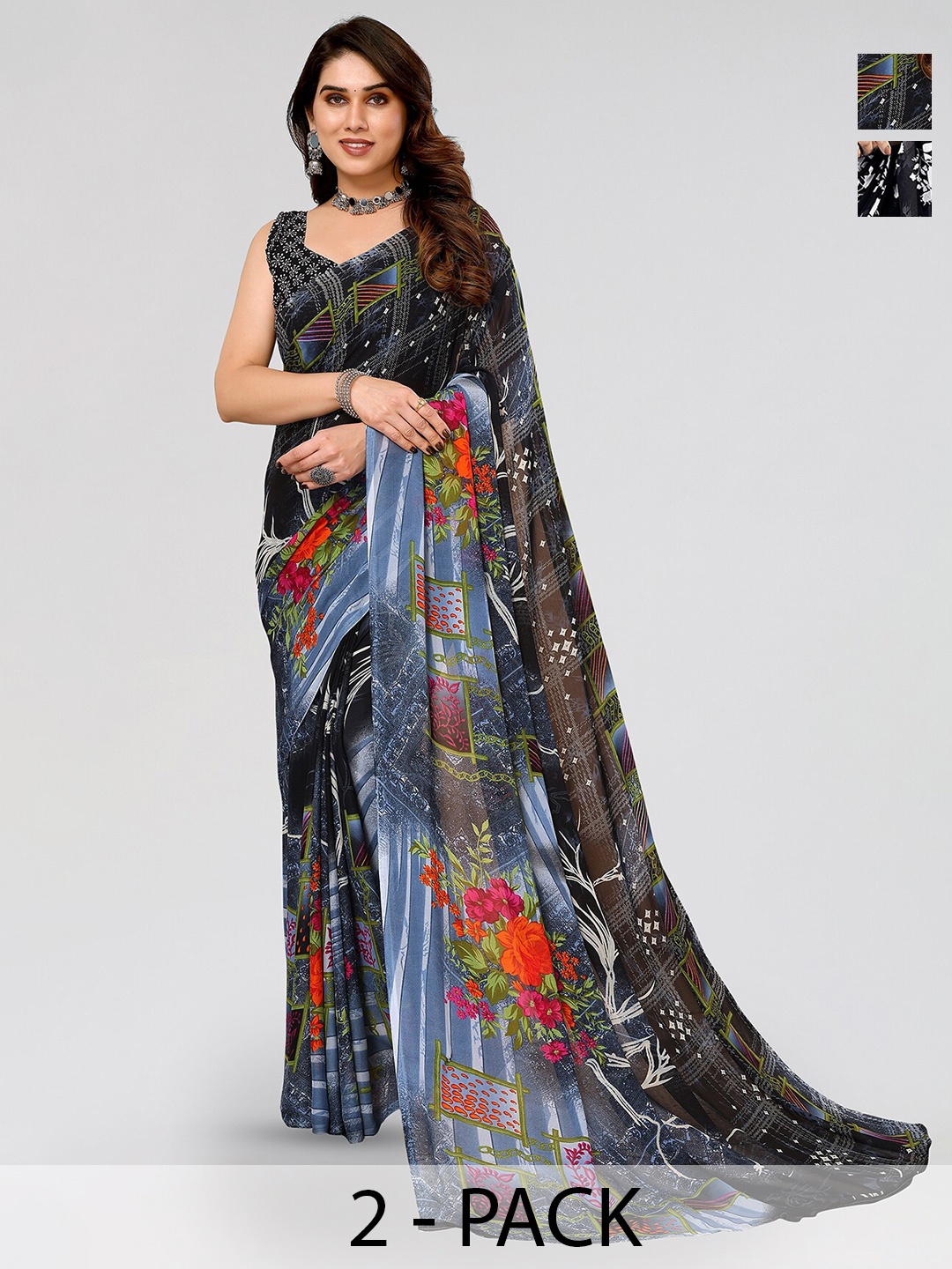 

ANAND SAREES Selection Of 2 Floral Printed Poly Georgette Sarees, Black