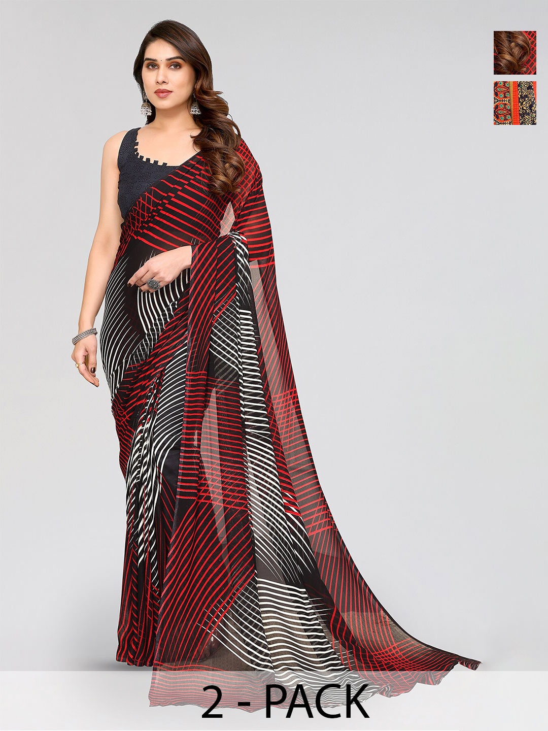 

ANAND SAREES Selection Of 2 Striped Poly Georgette Sarees, Black