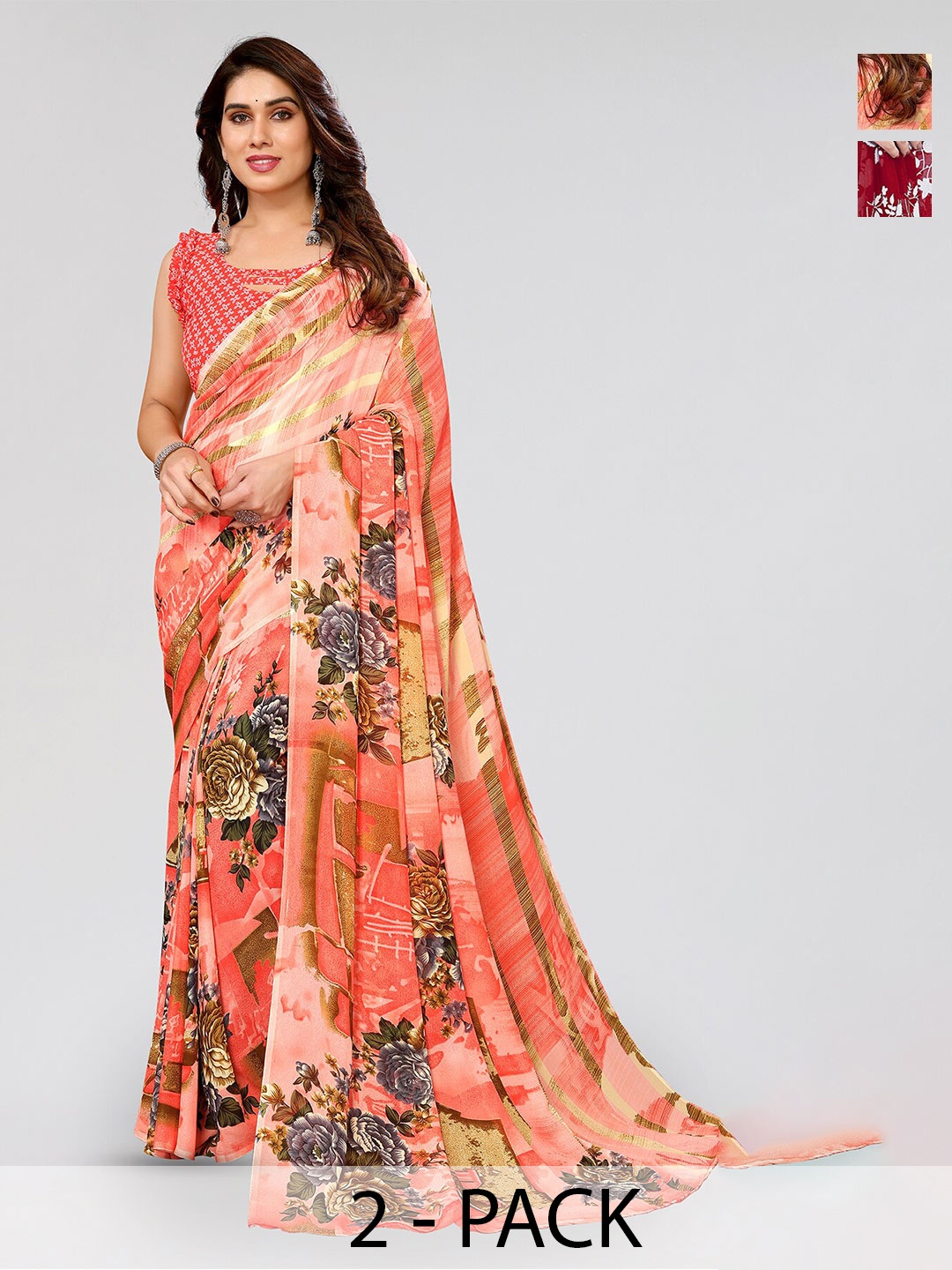 

ANAND SAREES Selection Of 2 Floral Printed Poly Georgette Sarees, Red