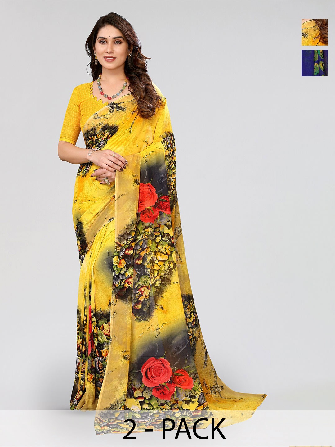 

ANAND SAREES Selection Of 2 Floral Printed Poly Georgette Sarees, Yellow