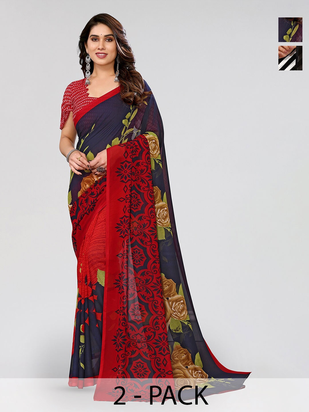 

ANAND SAREES Selection Of 2 Floral Printed Poly Georgette Sarees, Red