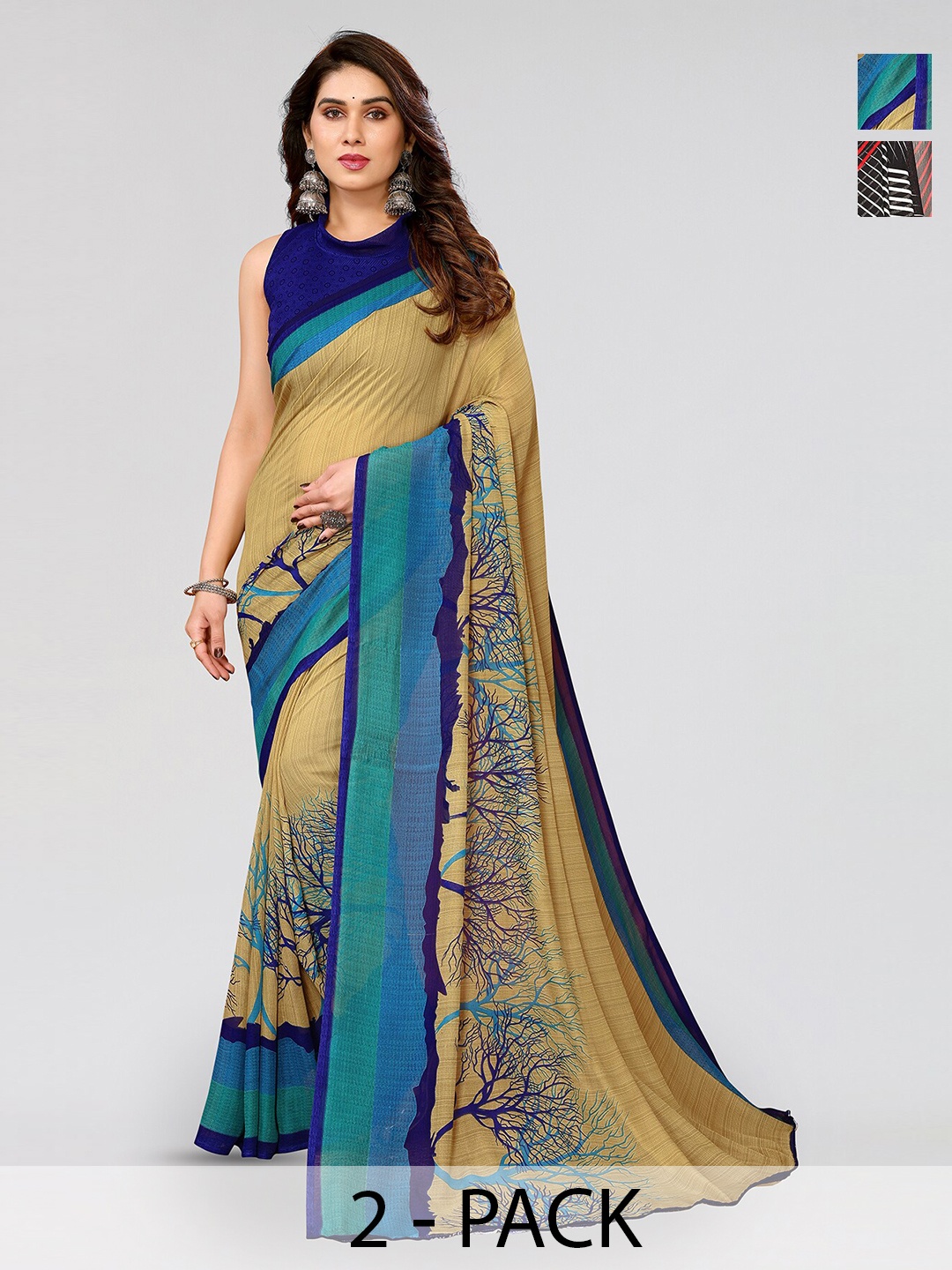 

ANAND SAREES Selection Of 2 Abstract Printed Poly Georgette Sarees, Beige