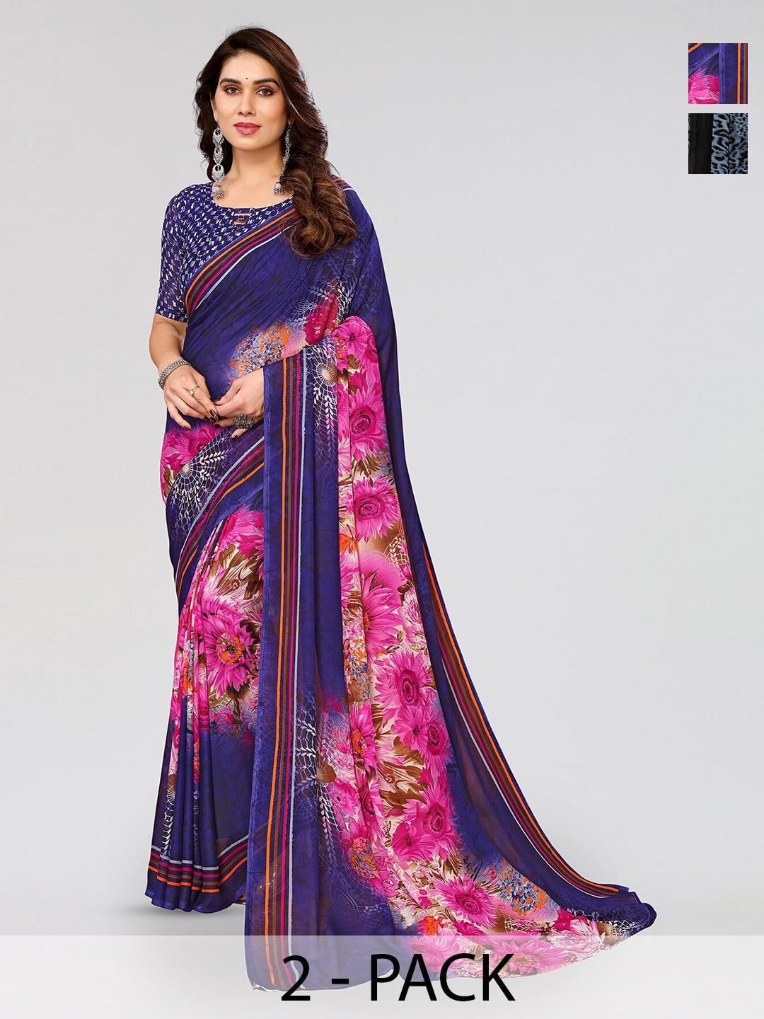 

ANAND SAREES Selection Of 2 Floral Printed Poly Georgette Sarees, Blue